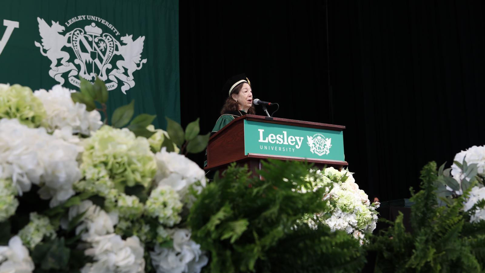 President Janet Steinmayer addressing the 2024 graduates at Commencement.