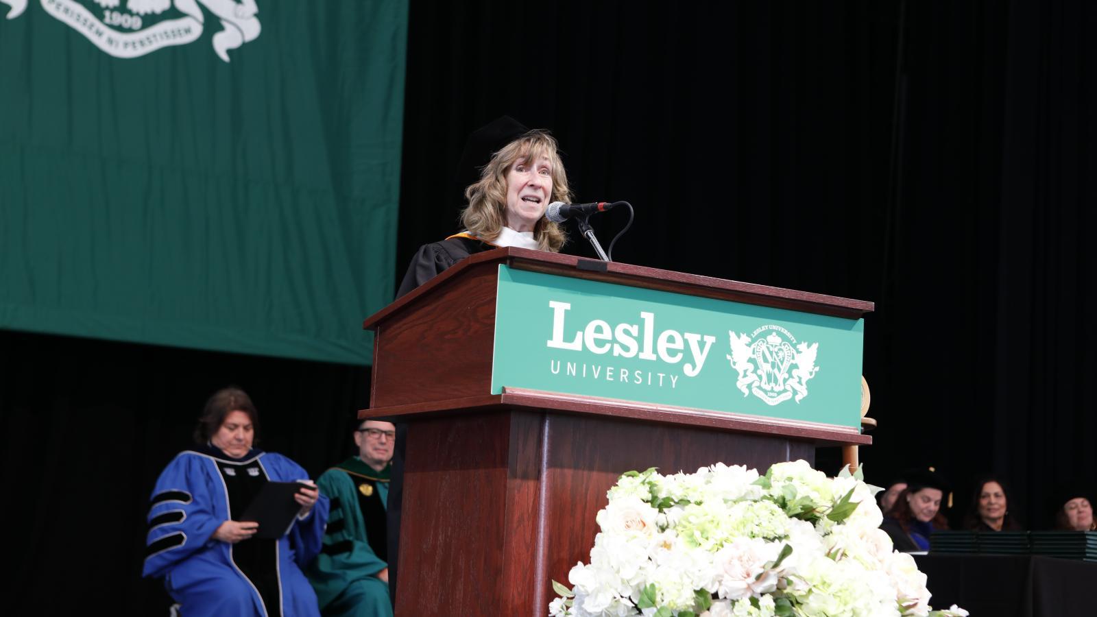 Sy Montgomery speaking to the Lesley graduates at Commencement.