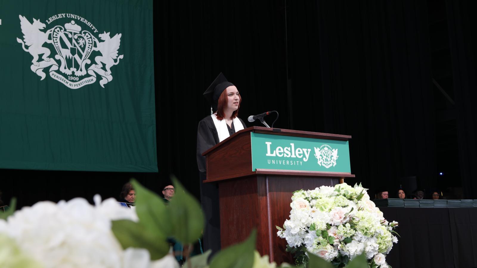 Lesley 2024 Undergraduate Commencement Speaker Daphne Freeman addressing the crowd.
