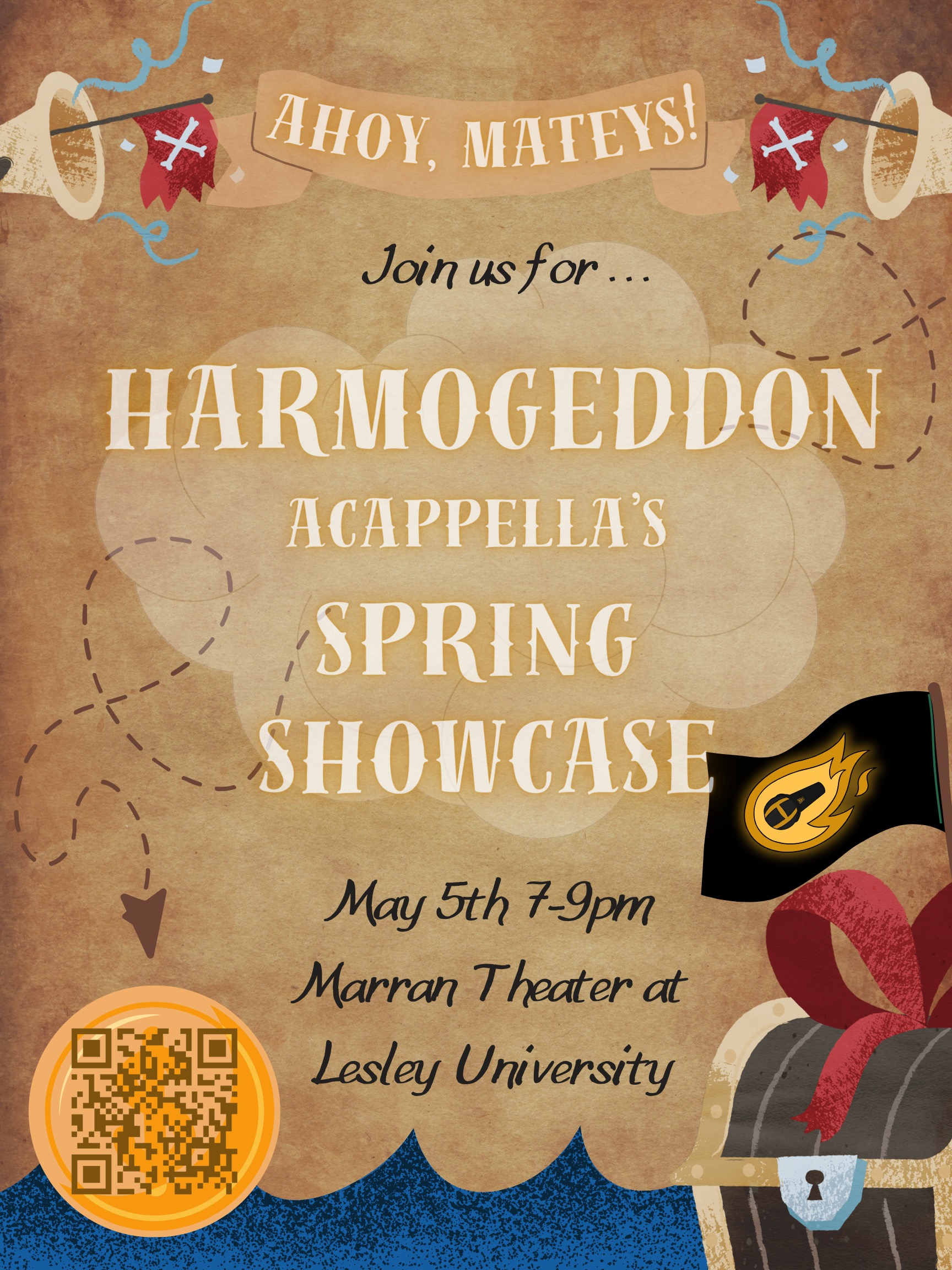 A poster for Harmogeddon's Spring Showcase, with the background a cartoon image of a pirates map.
