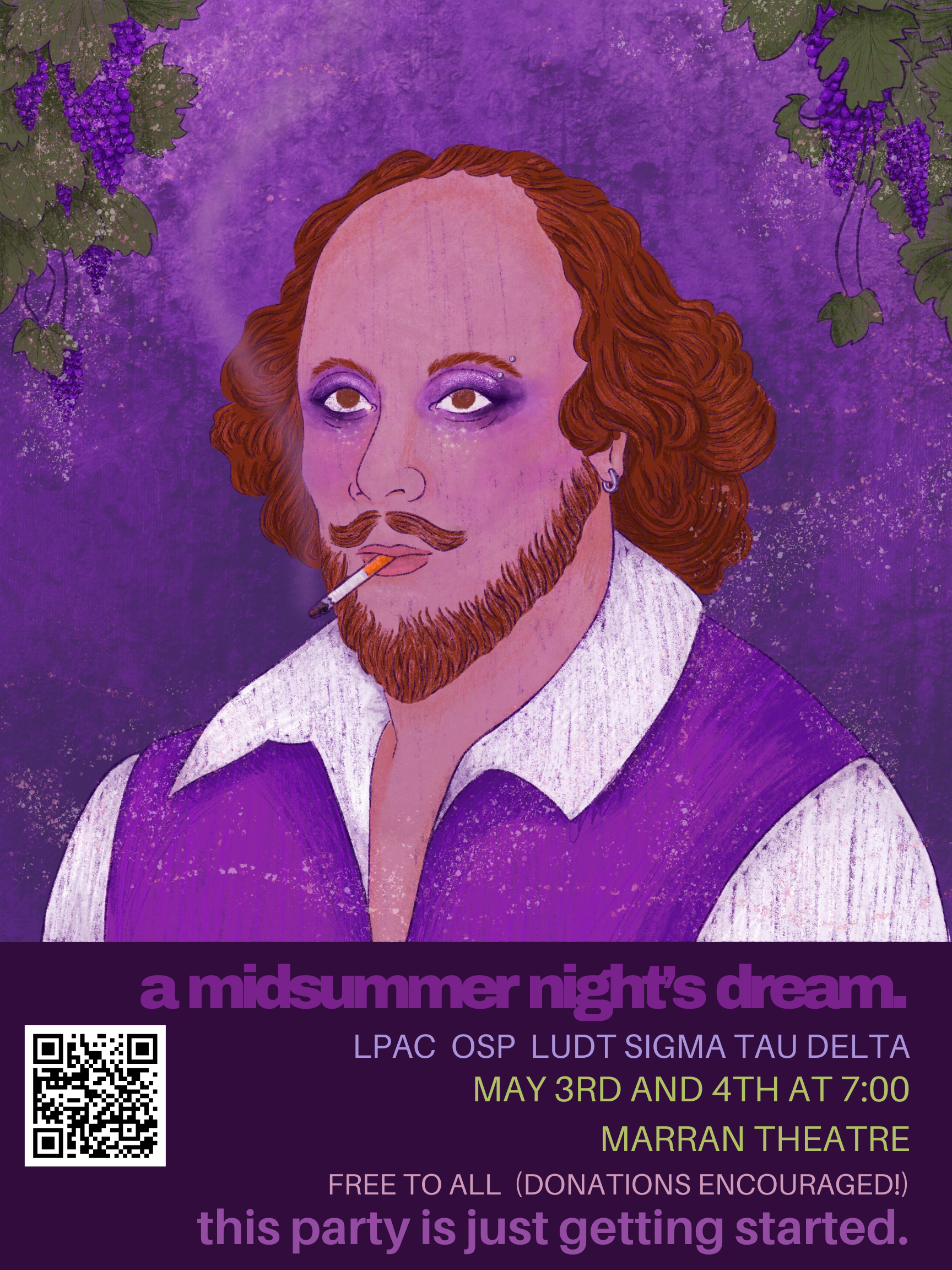 A drawn image of William Shakespeare from the chest up in a white collared shirt with a purple vest. He has a cigarette in his mouth and purple eyeshadow around his eyes. The background is puruple, with green leaves in the upper corners. 