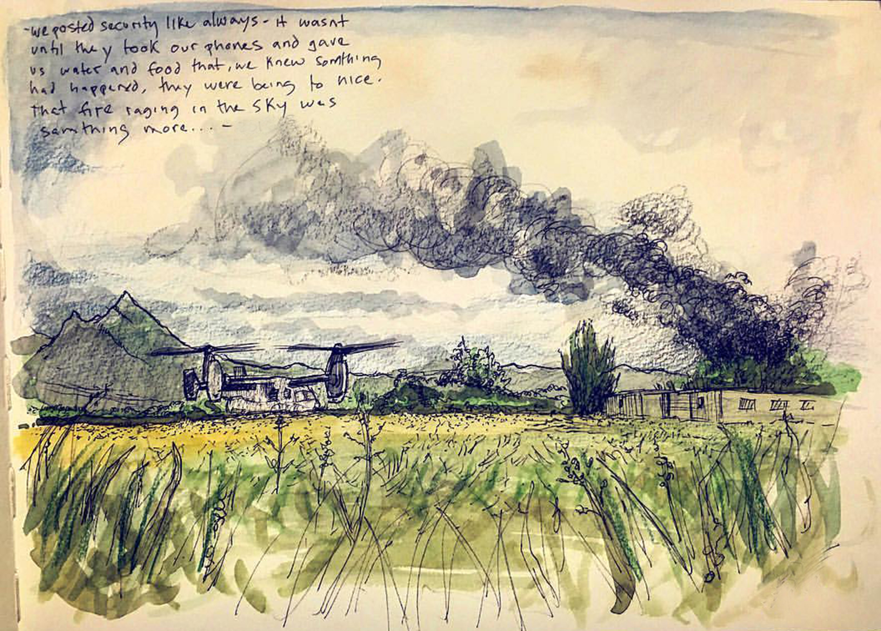 Full color drawing of a field with a downed helicopter in the back and smoke
