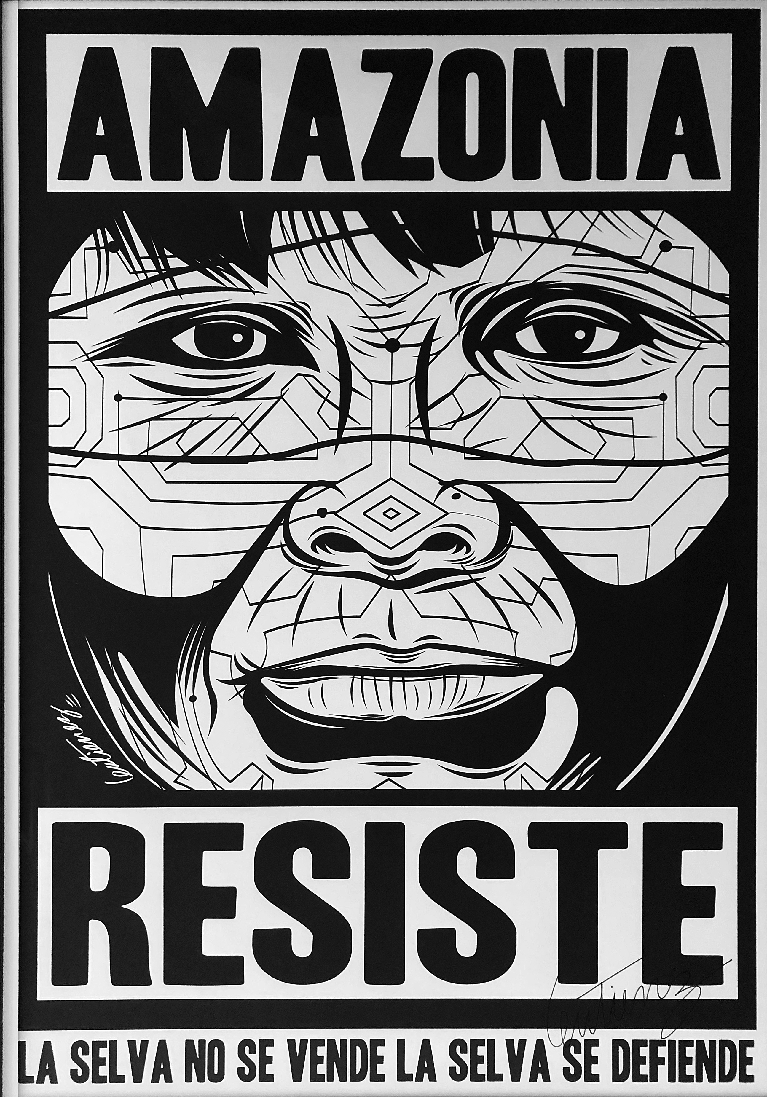 screenprinted poster with black and white illustration of person's face between block text spelling out "AMAZONIA RESISTE"