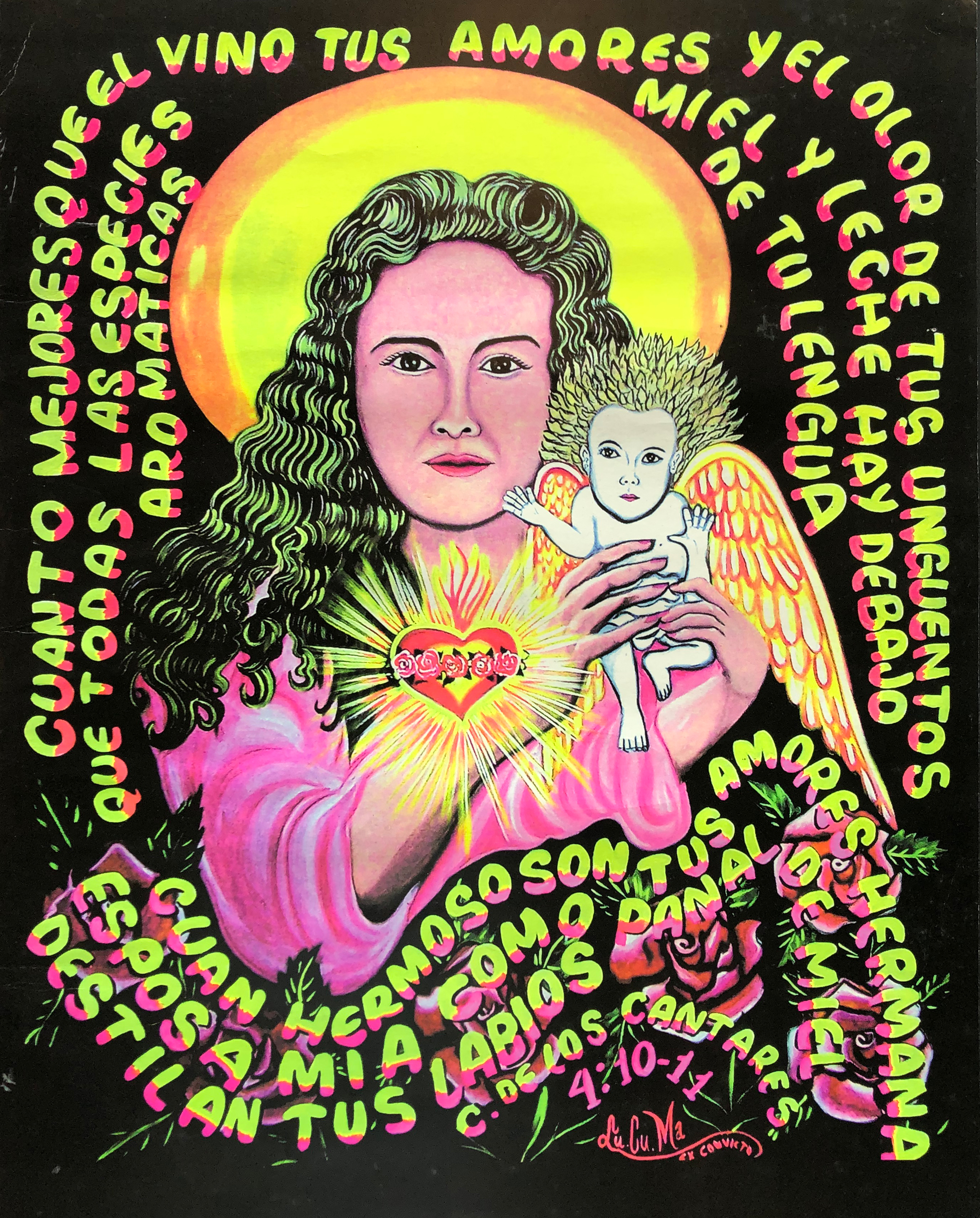black poster with painted illustration of figure with halo and bleeding heart holding small angelic figure surrounded by bible verse