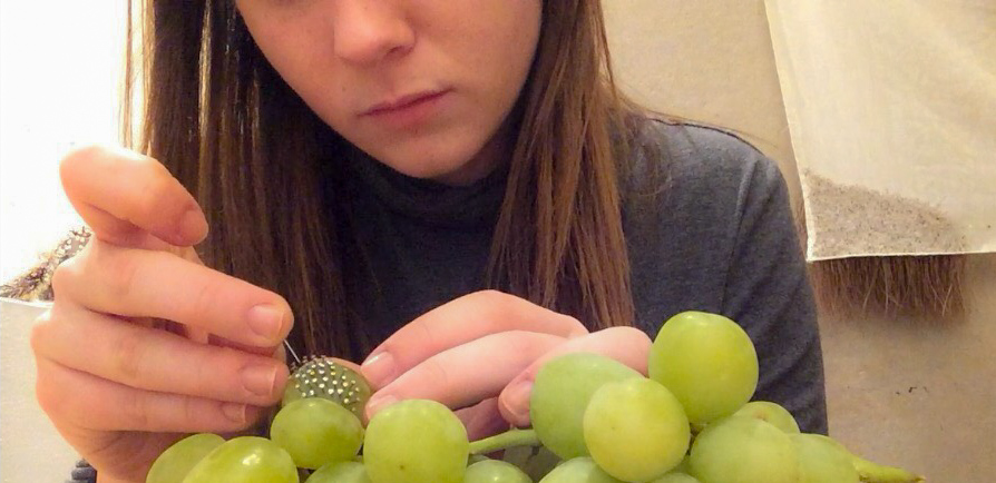female student adding small pins to grapes