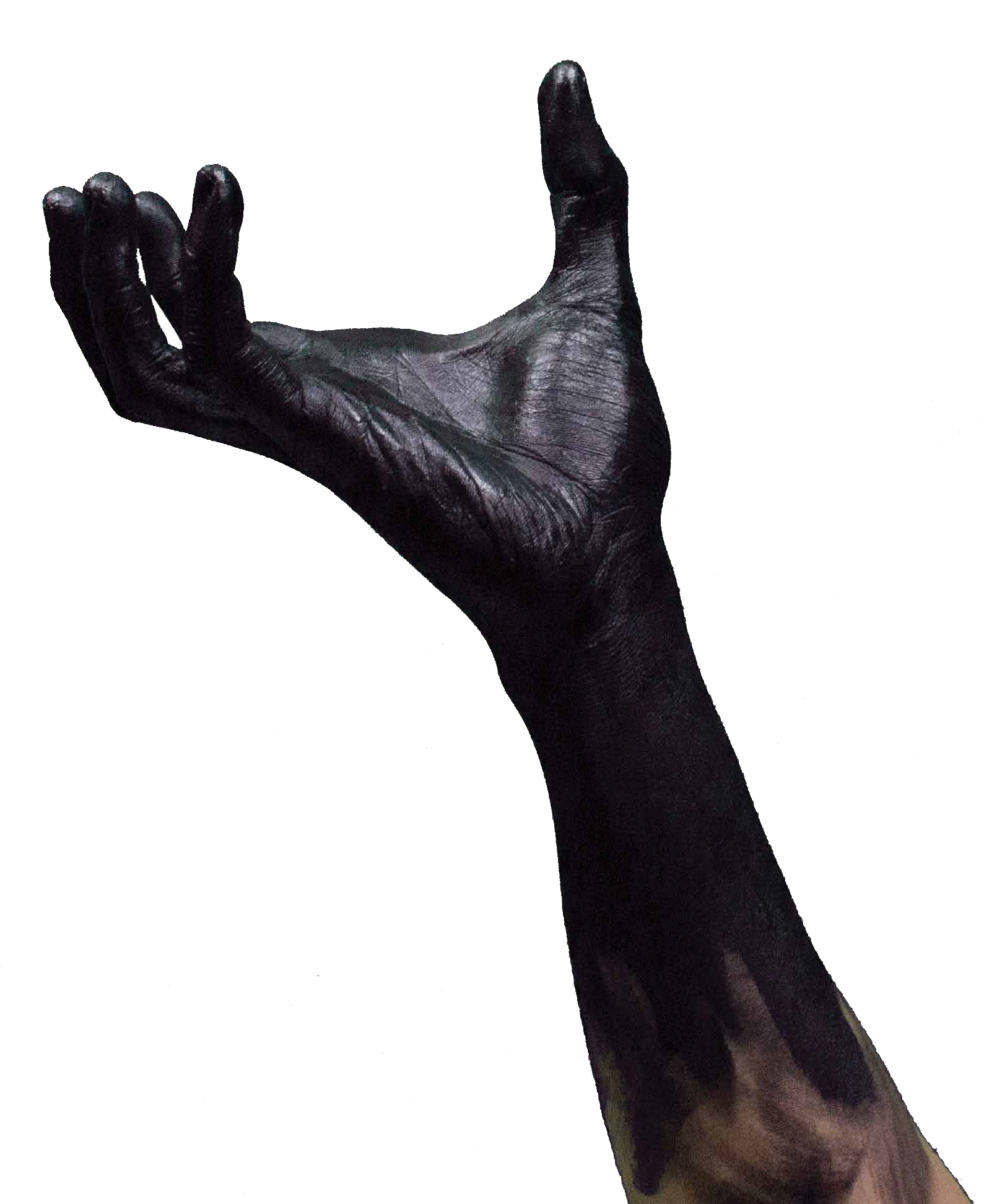photo of arm reaching upwards covered in black ink