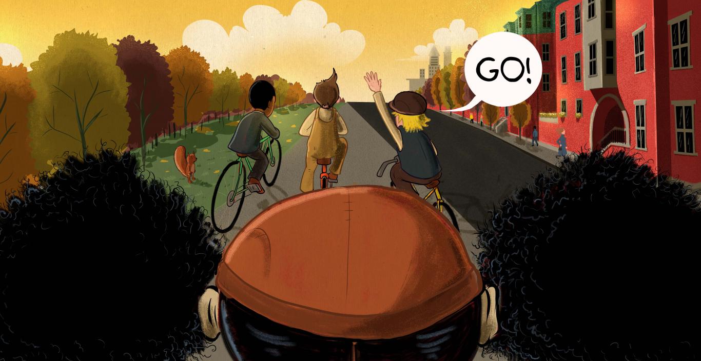 A digital illustration of three adolescence racing down the sidewalk on bicycles, one with a speak bubble that says, "Go!"  
