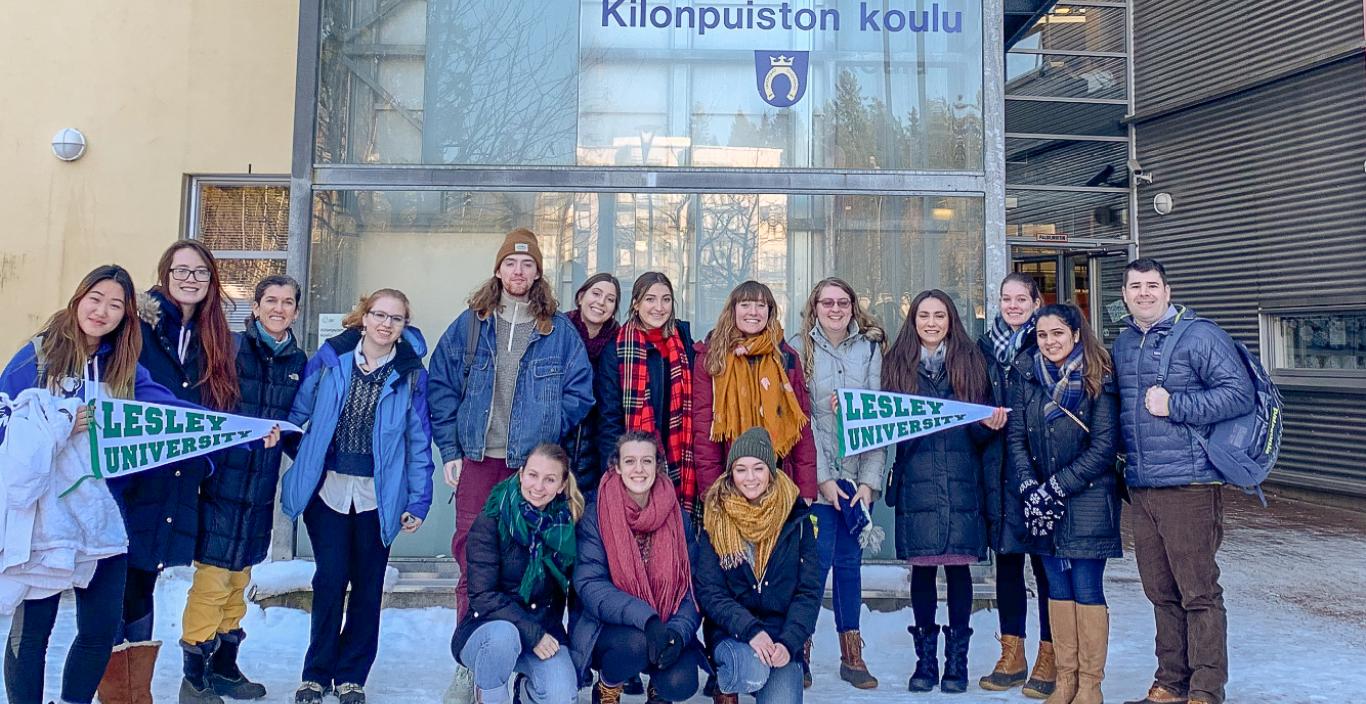 Group picture in front of school building in Finland.