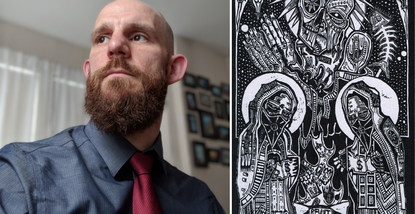 On left: Joe Mageary headshot, looking off to the side. On right: A black and white drawing of skulls and skeletons with the words hope and revolt.