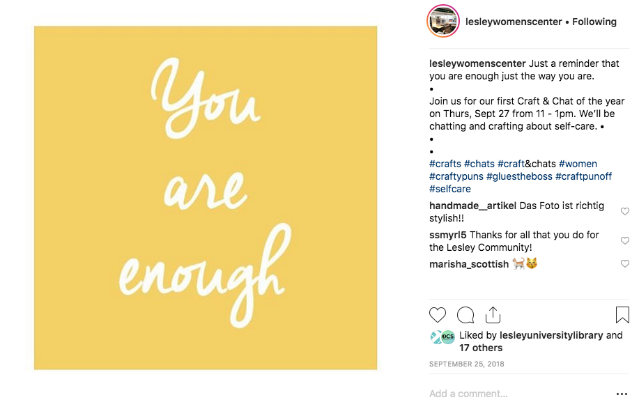 Photograph of a quote that says "you are enough" in an instagram post.