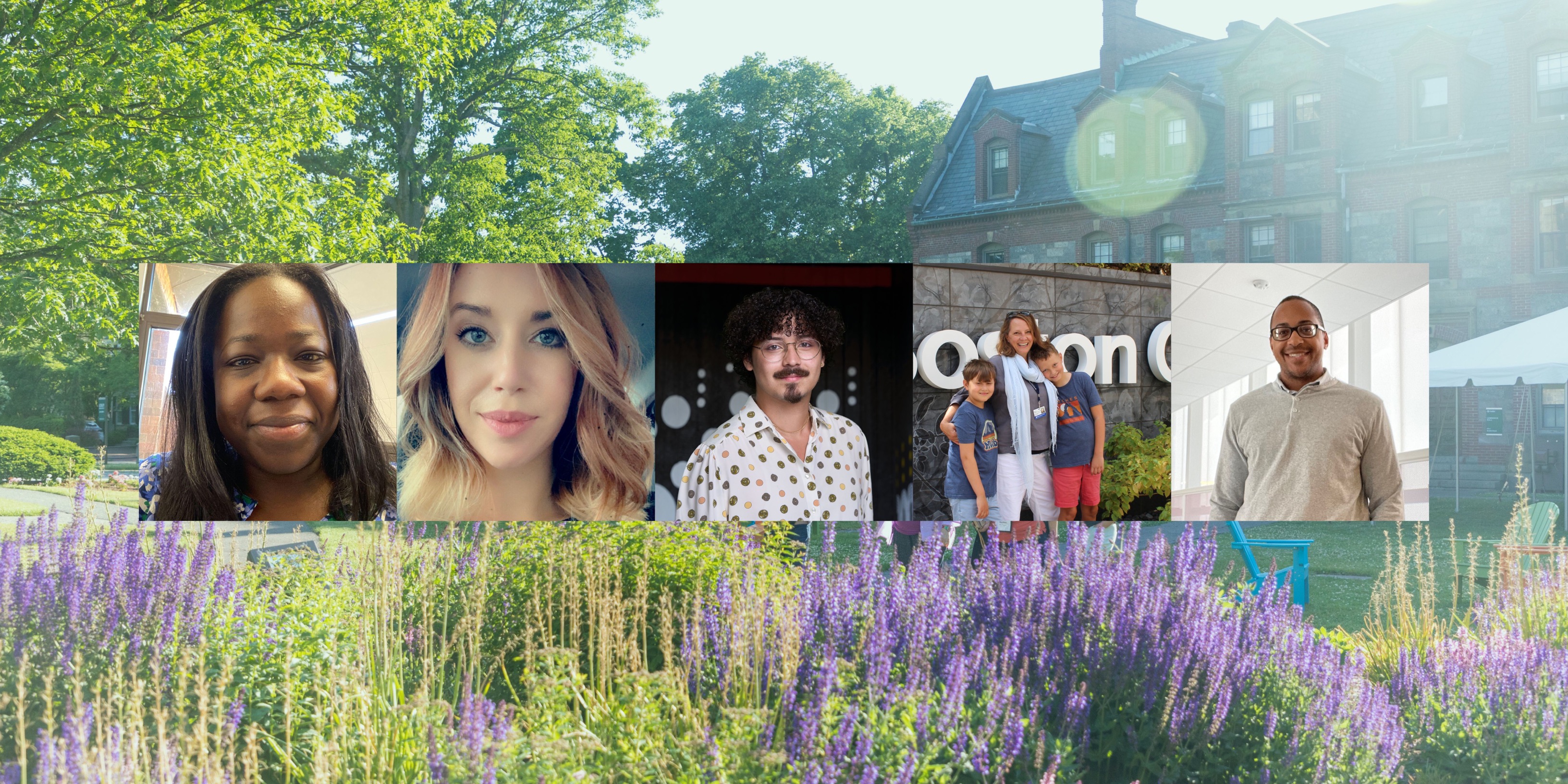 photo composite showing five alumni against faded backdrop of campus