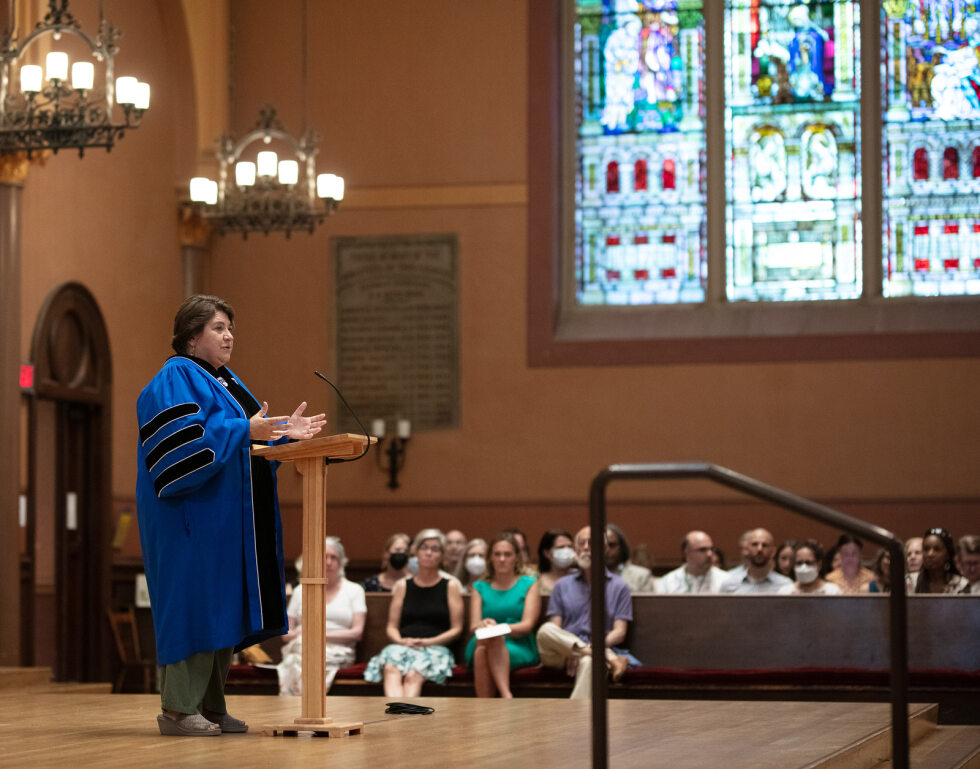 Acting Provost Deanna Yameen addresses students, faculty and staff at Convocation 2023.