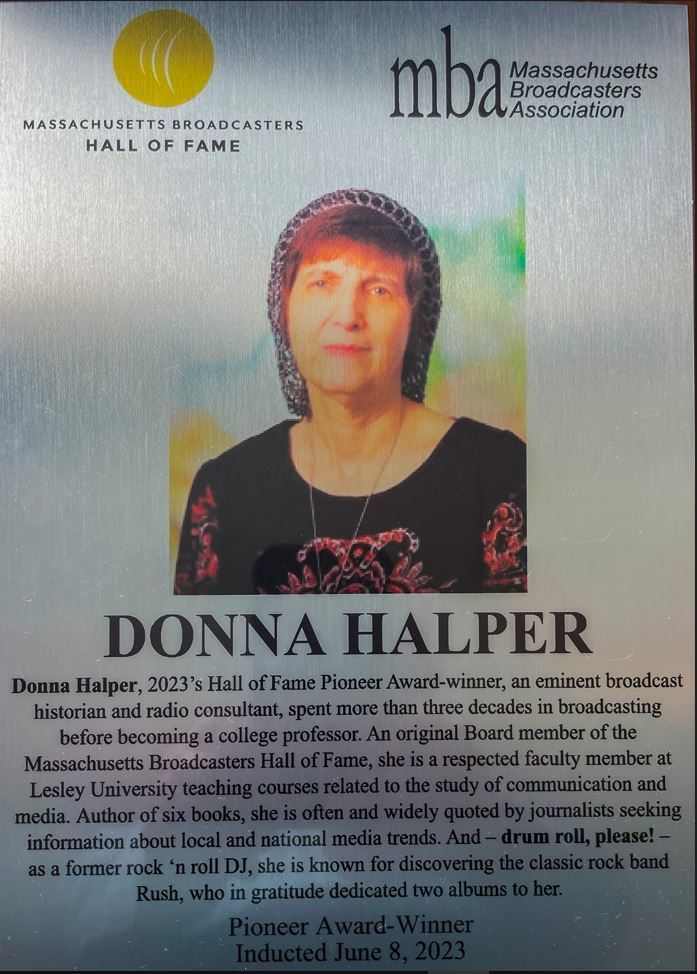 The plaque indicating Dr. Donna Halper's induction into the Massachusetts Broadcasters Hall of Fame.