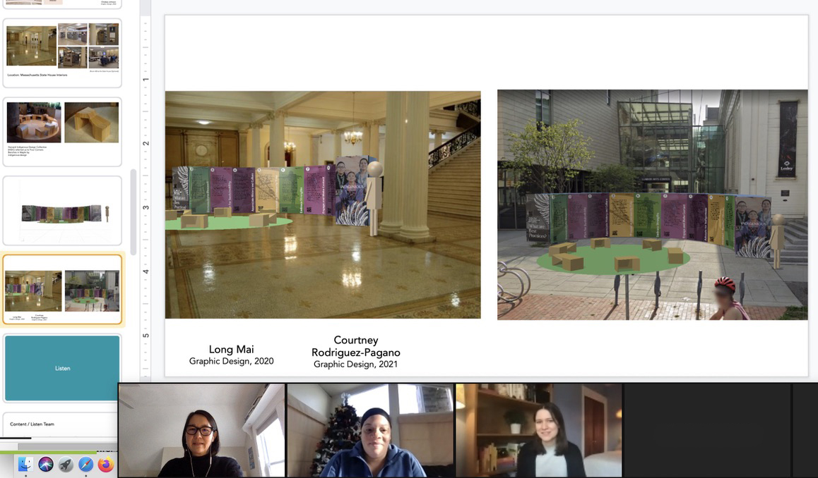 Katherine Shozawa, Chelsea Johnson ’22 and Madeline Meyer ’21 discuss options for the public art installation over Zoom