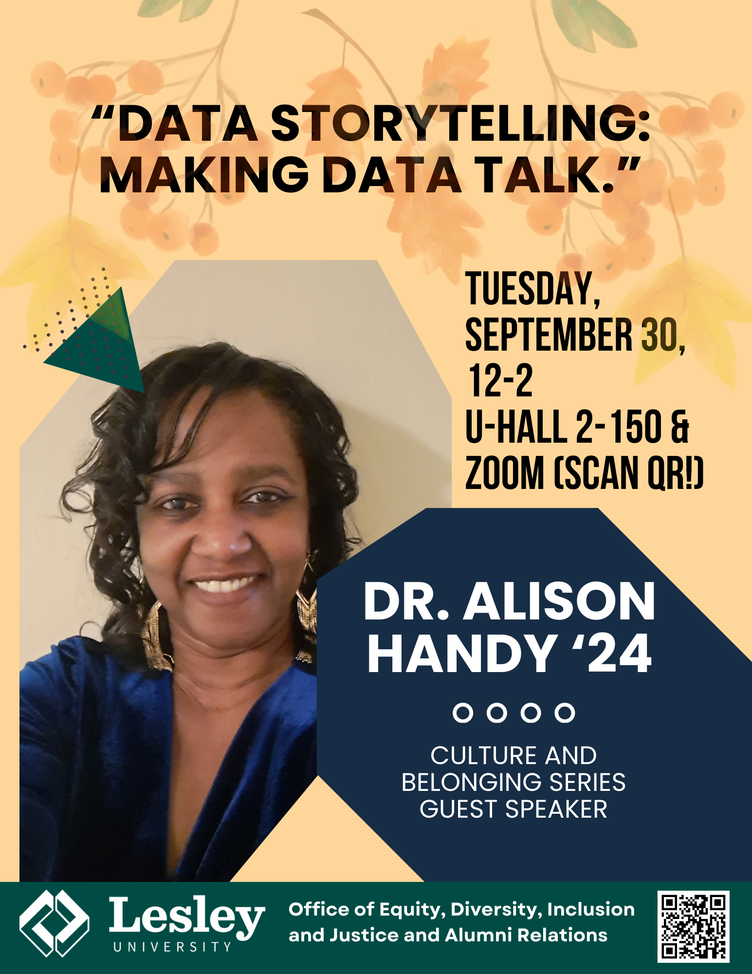 Orange flyer that reads "DATA STORYTELLING: MAKING DATA TALK." and has date, time, title of talk and speaker name, and office of EDIJ and alumni relations at the bottom