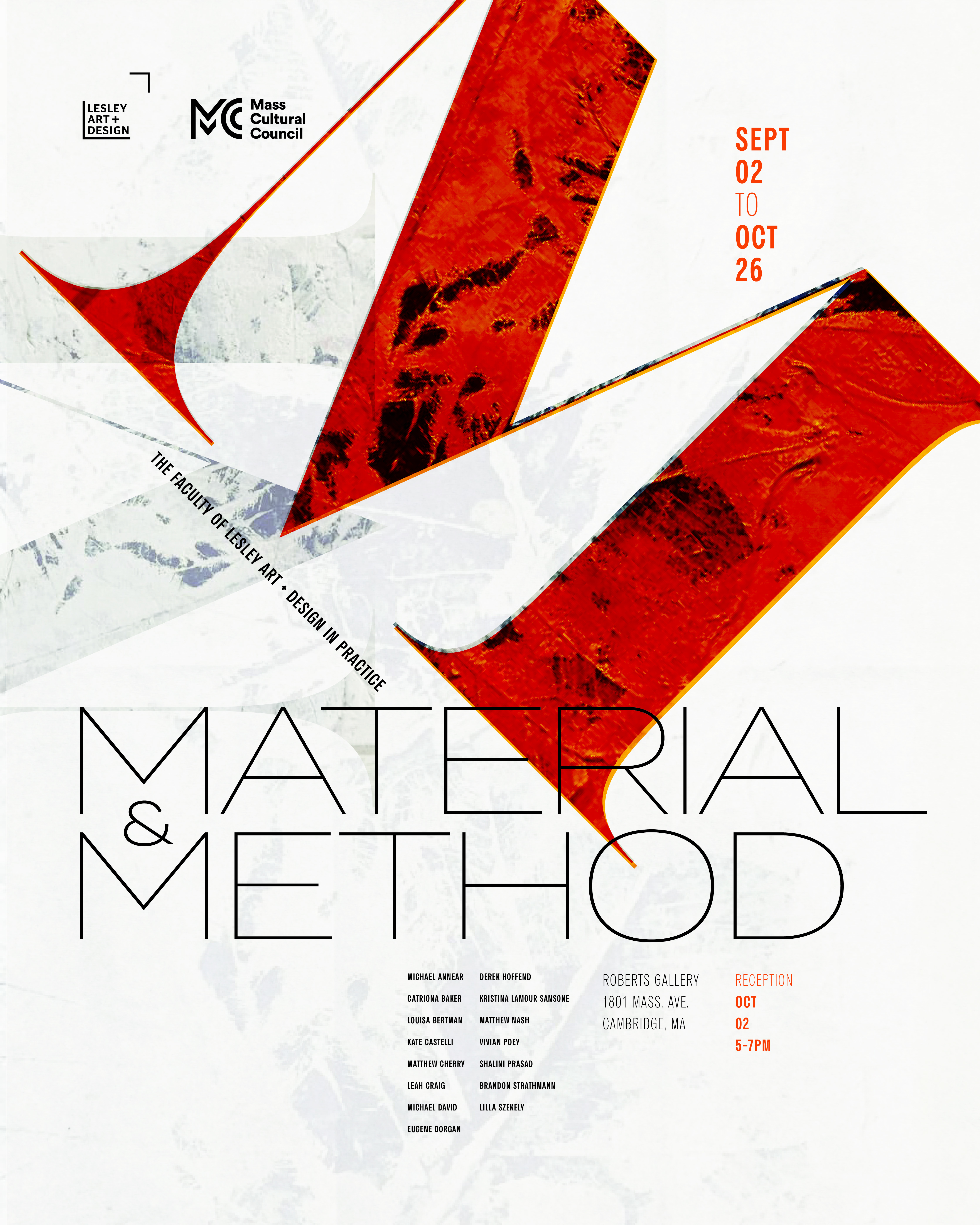 Red and white flyer that says date, time, address, & title of exhibition, with names of students and "mass cultural council" stamp