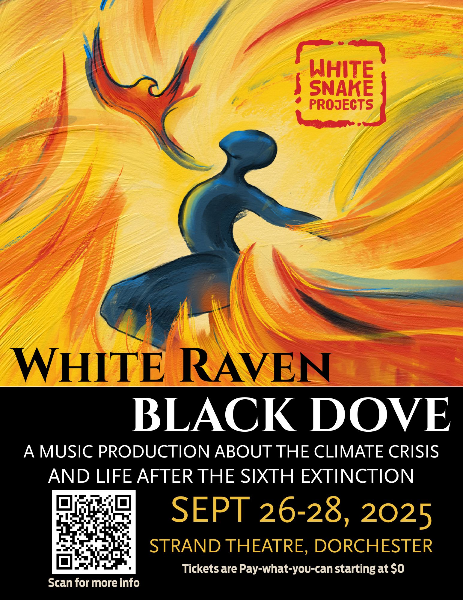 Flyer for White raven, black dove with yellow background and blue silhouette of a person that says details with QR code and "A music production about the climate crisis and life after the sixth extinction"