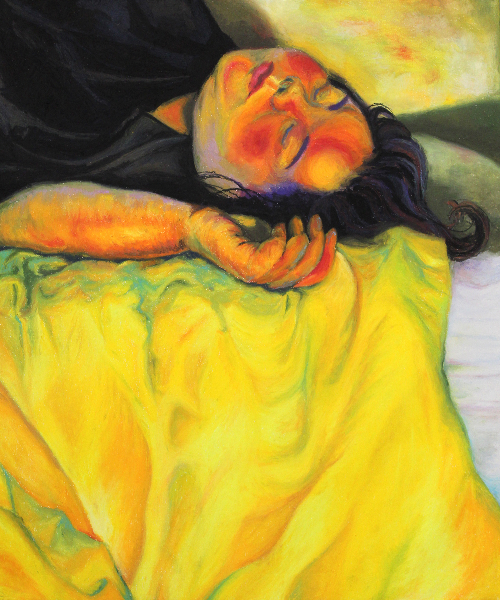 painting of person laying on blanket asleep
