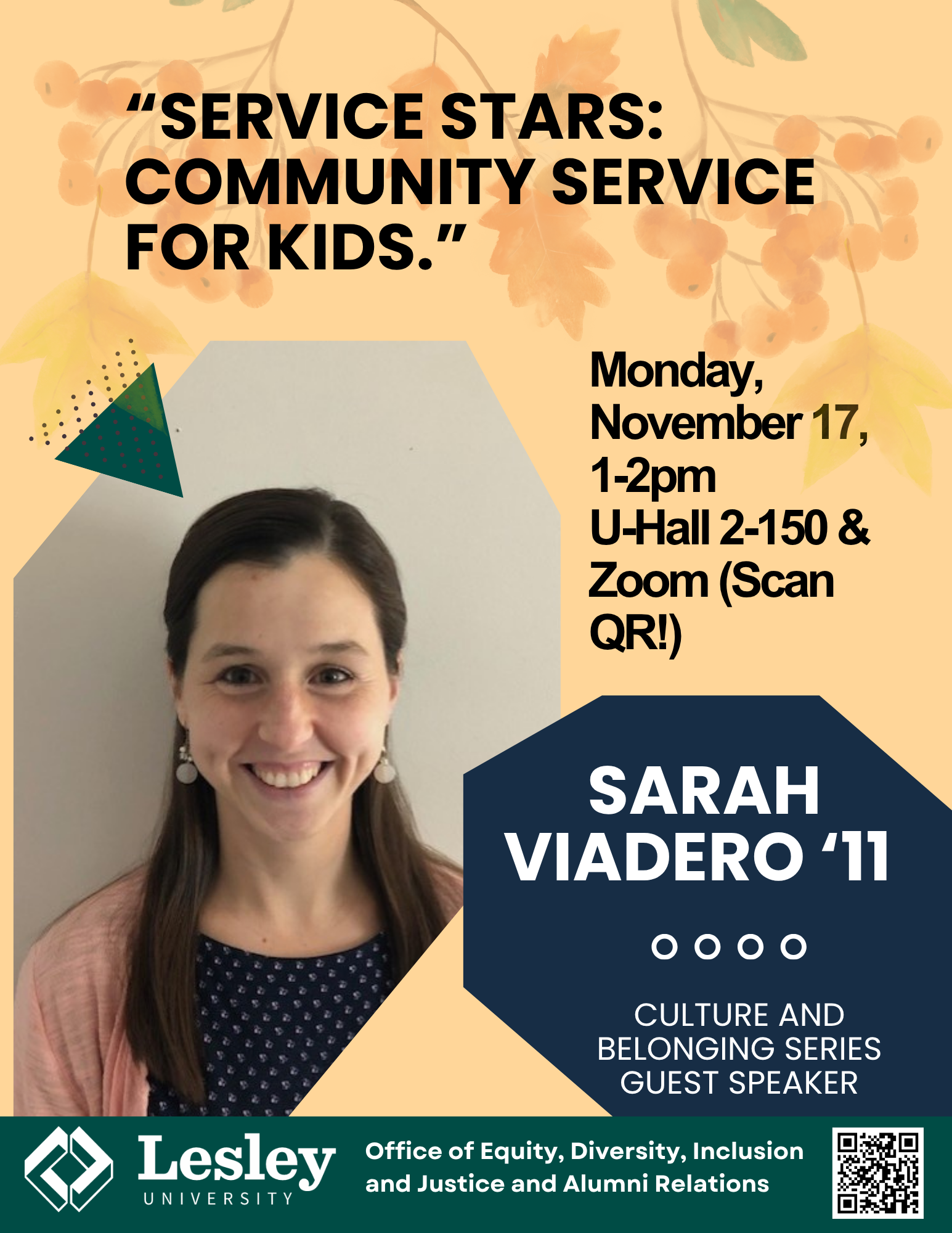 Sarah Viadero talk flyer with details and "SERVICE STARS: COMMUNITY SERVICE FOR KIDS."
