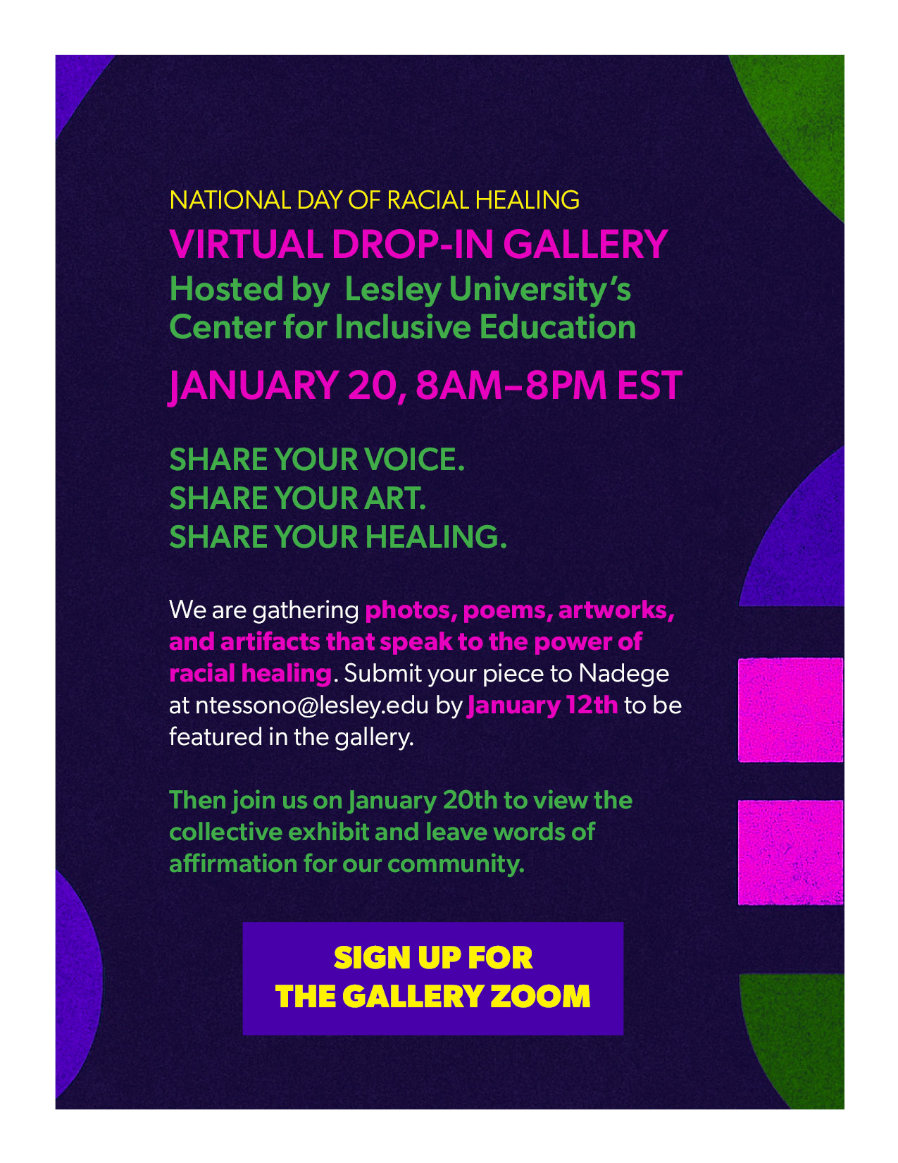 colorful flyer for national day of racial healing virtual gallery event