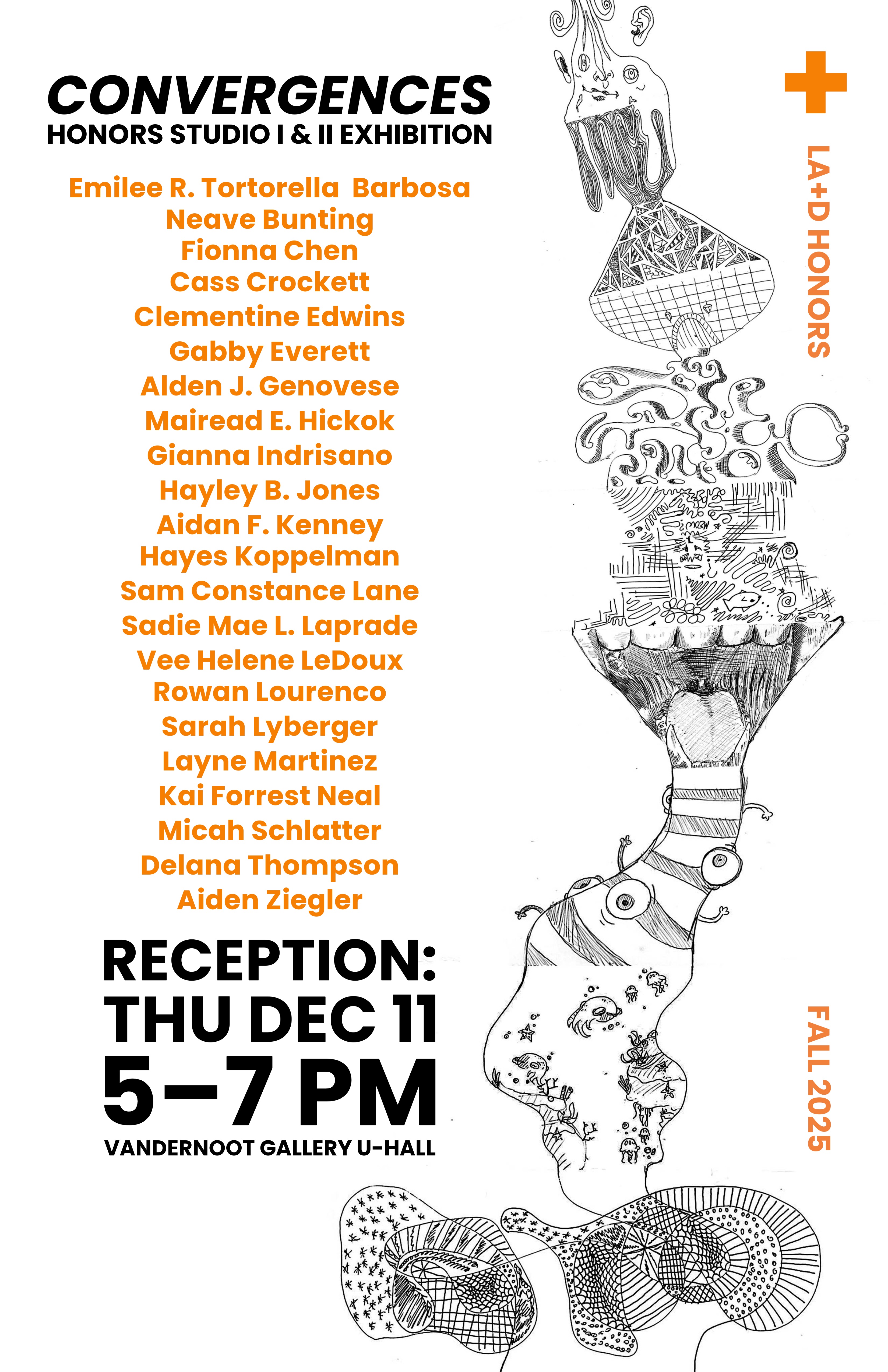 black, white and orange poster with drawing and names of 22 students