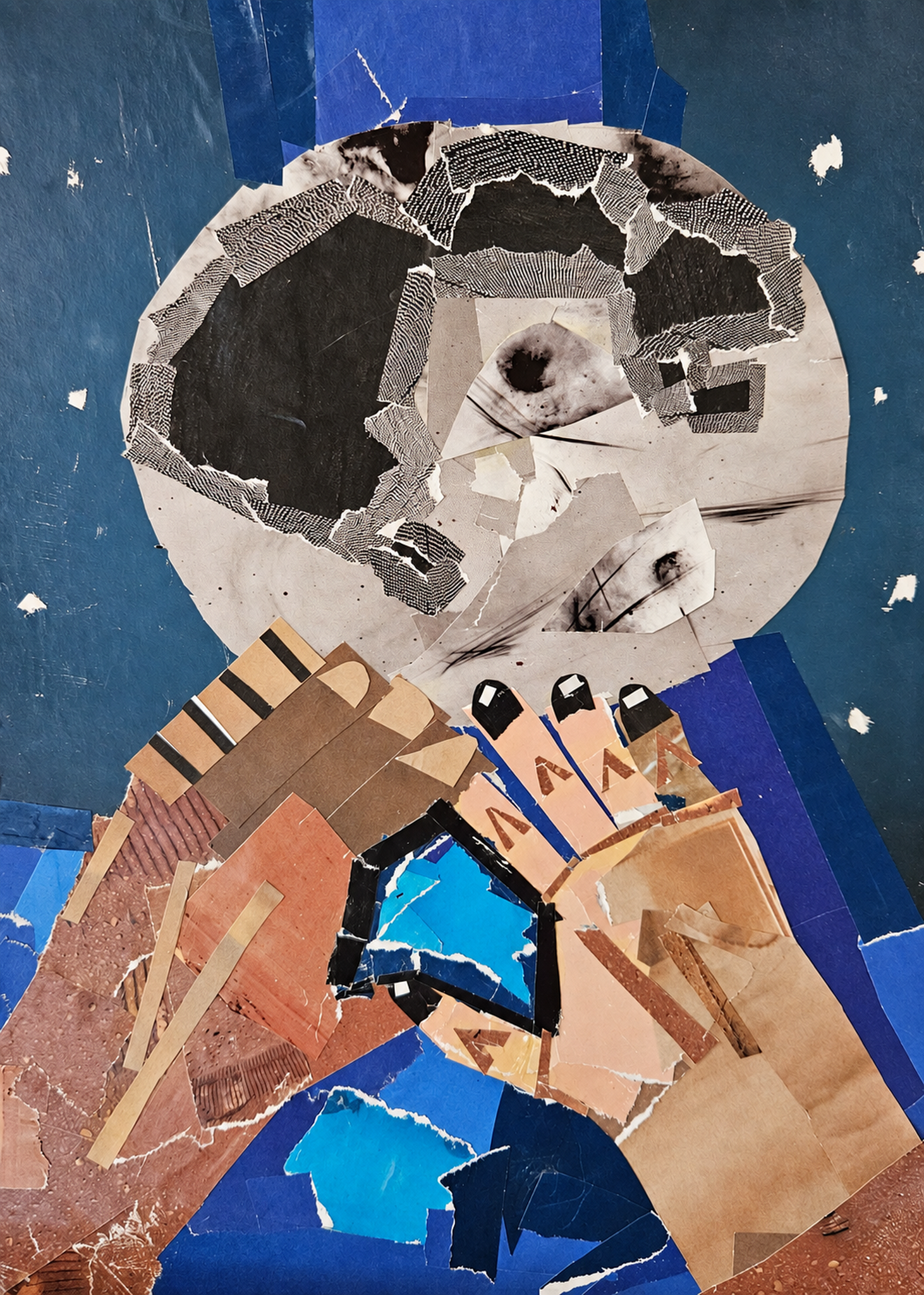 Collage art depicting two hands reaching for a moon on a blue background