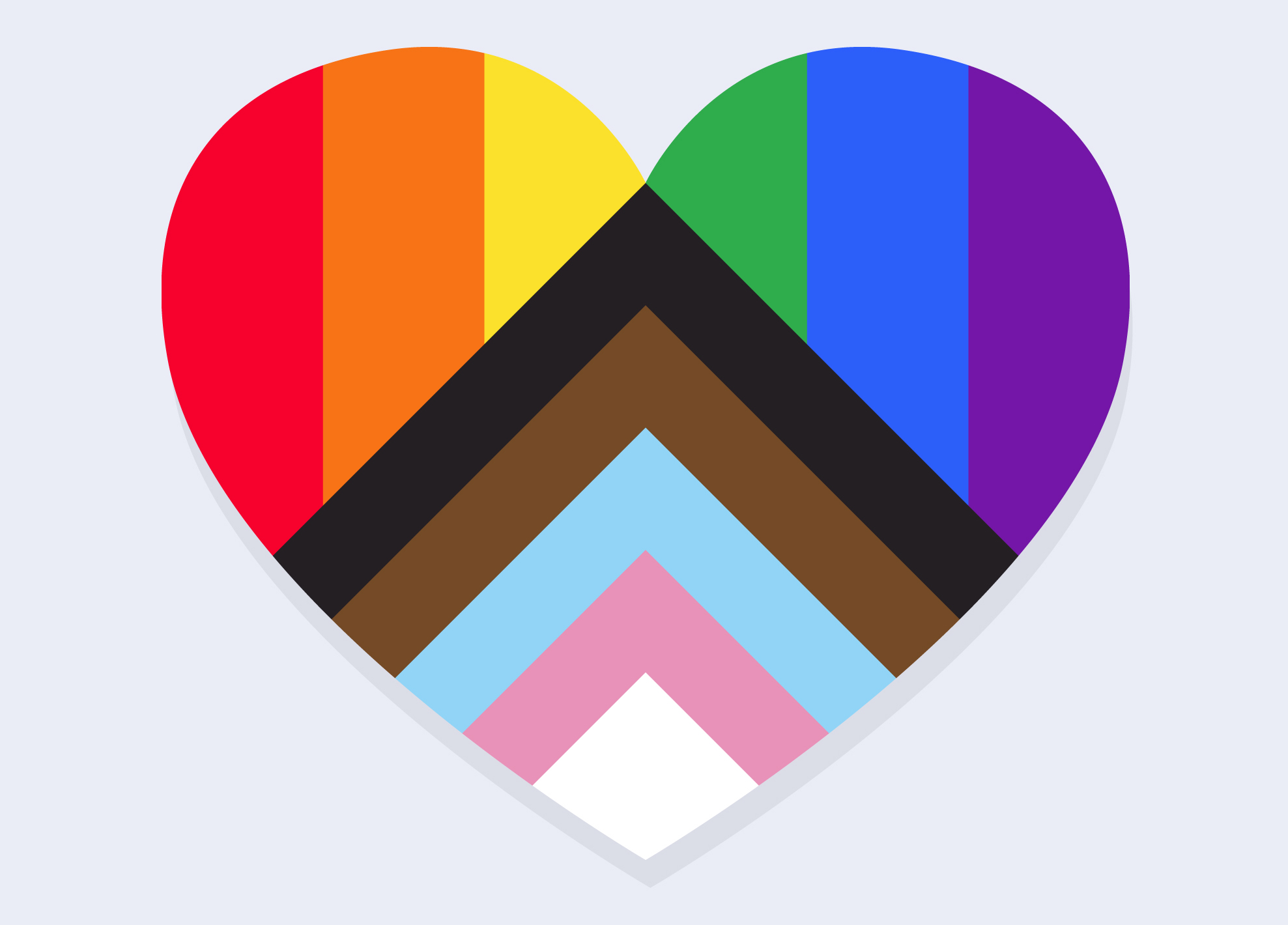 An image of a heart with the pride flag on it: the rainbow colors with the transgender flag on the bottom.