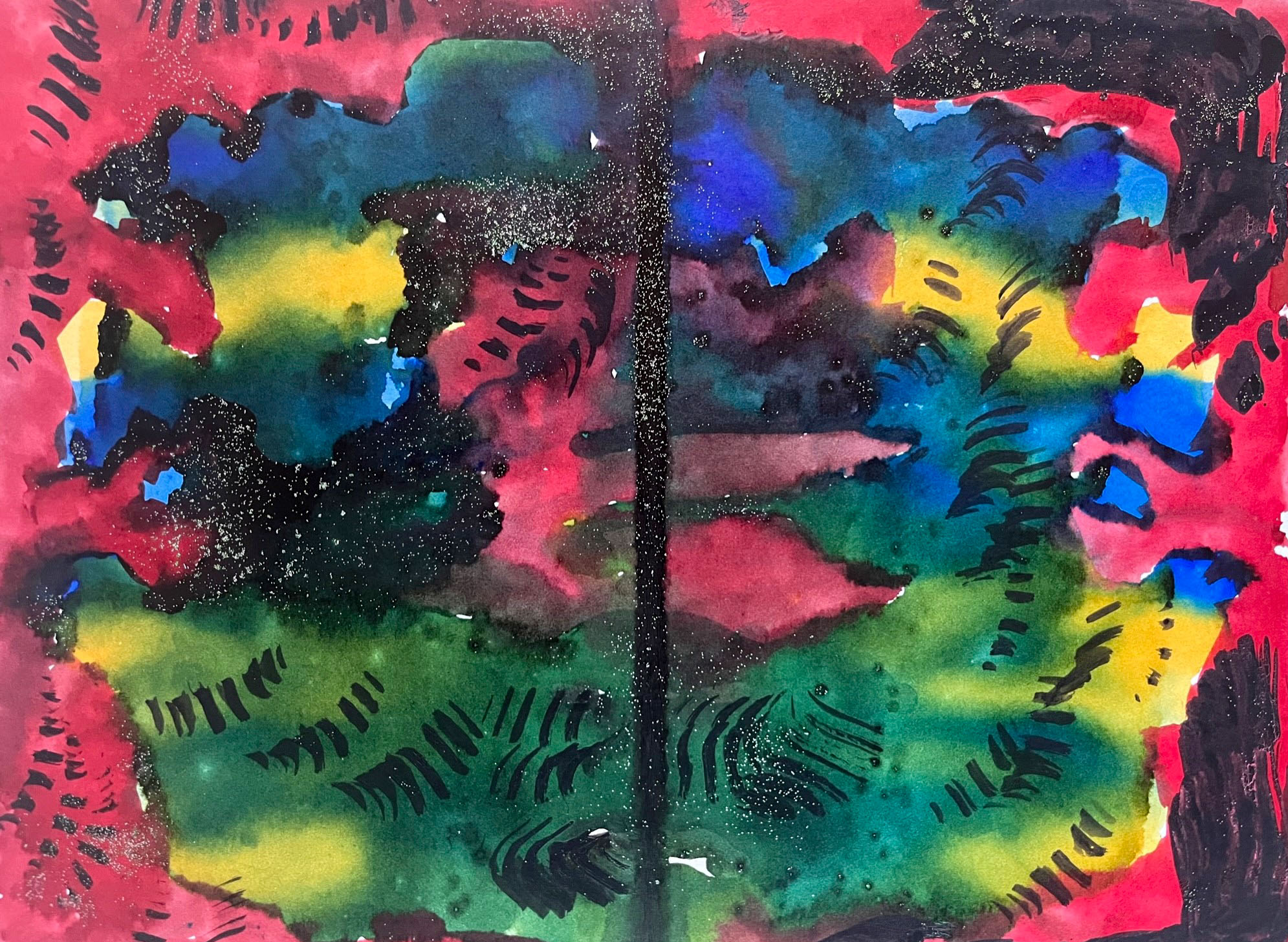 The background of this piece is made up of the colors green, yellow, blue, and red. The outer edges are mainly red while the inside is a mixture of all the colors. Painted over this background is black paint. In some spots there are large sections of it and in others there are small lines of paint running parallel to each other. In the center of the piece runs a vertical line from the top to the bottom of the piece. On some of these sections of the black paint is silver glitter.