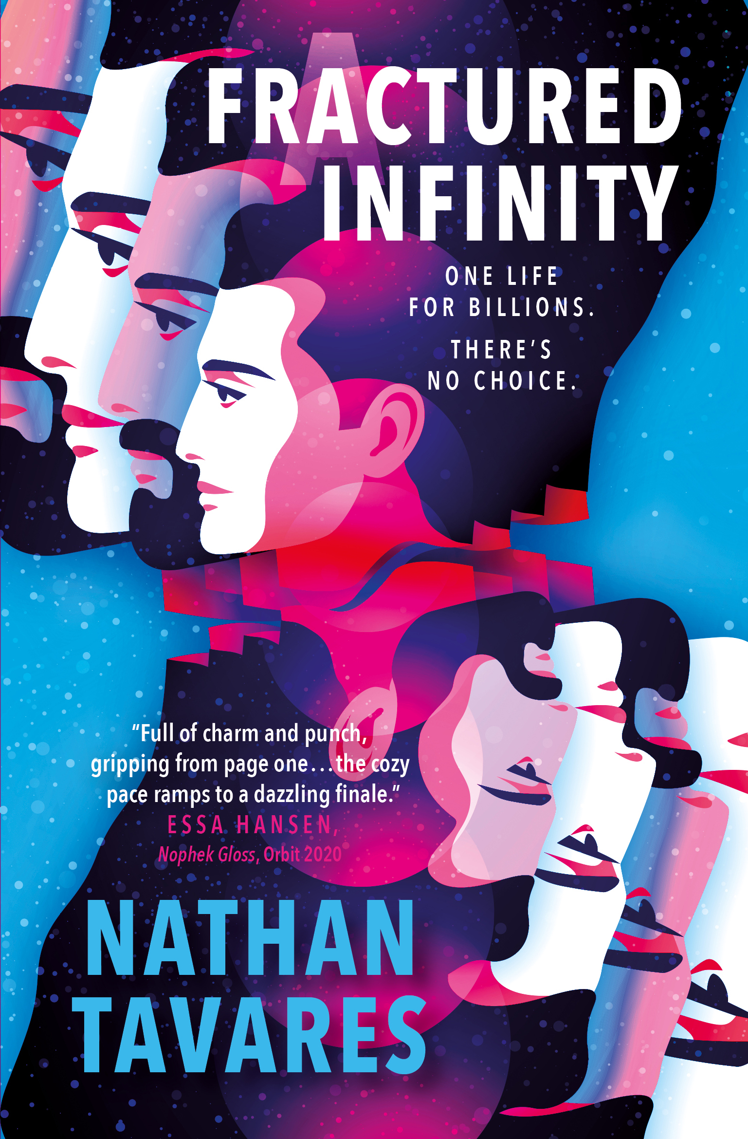 A Fractured Infinity book cover. Illustration of a man repeated and turned upside down