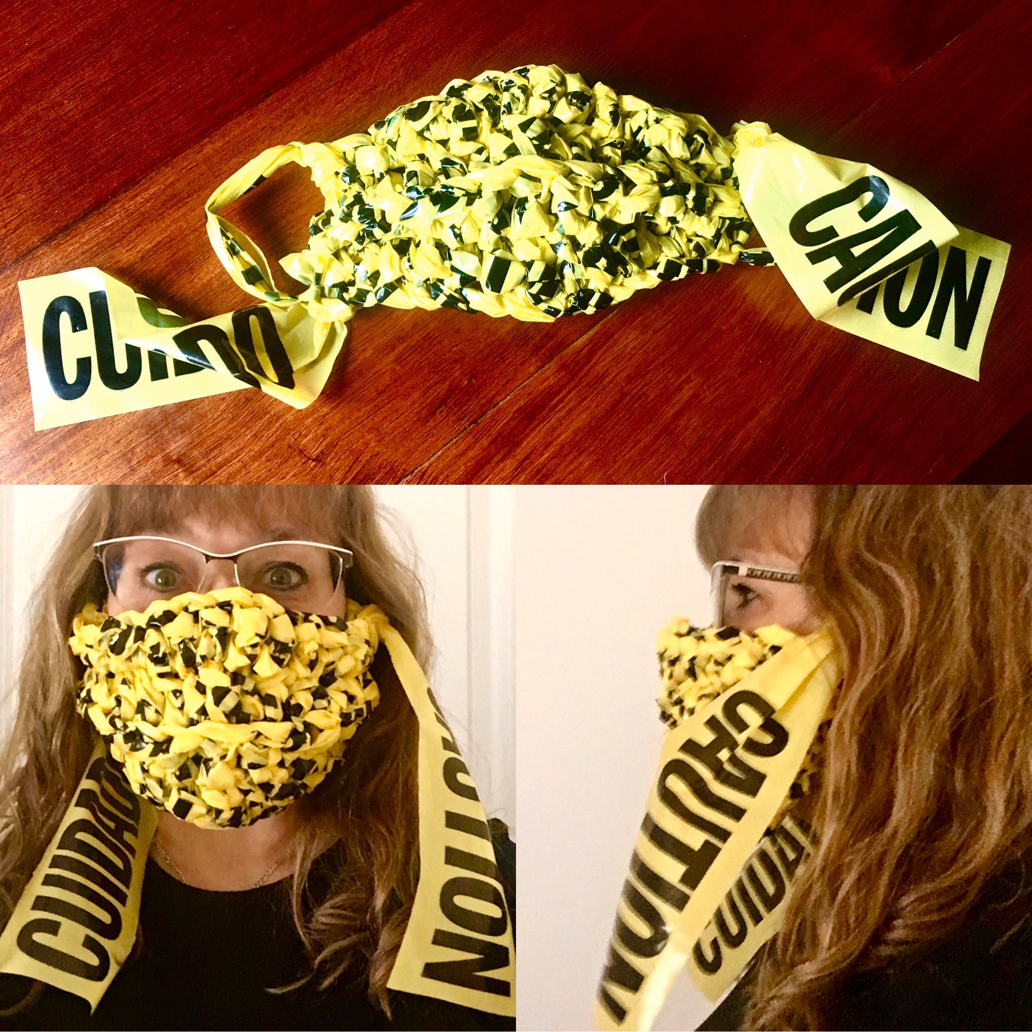 Three photos of a face mask made of yellow caution tape