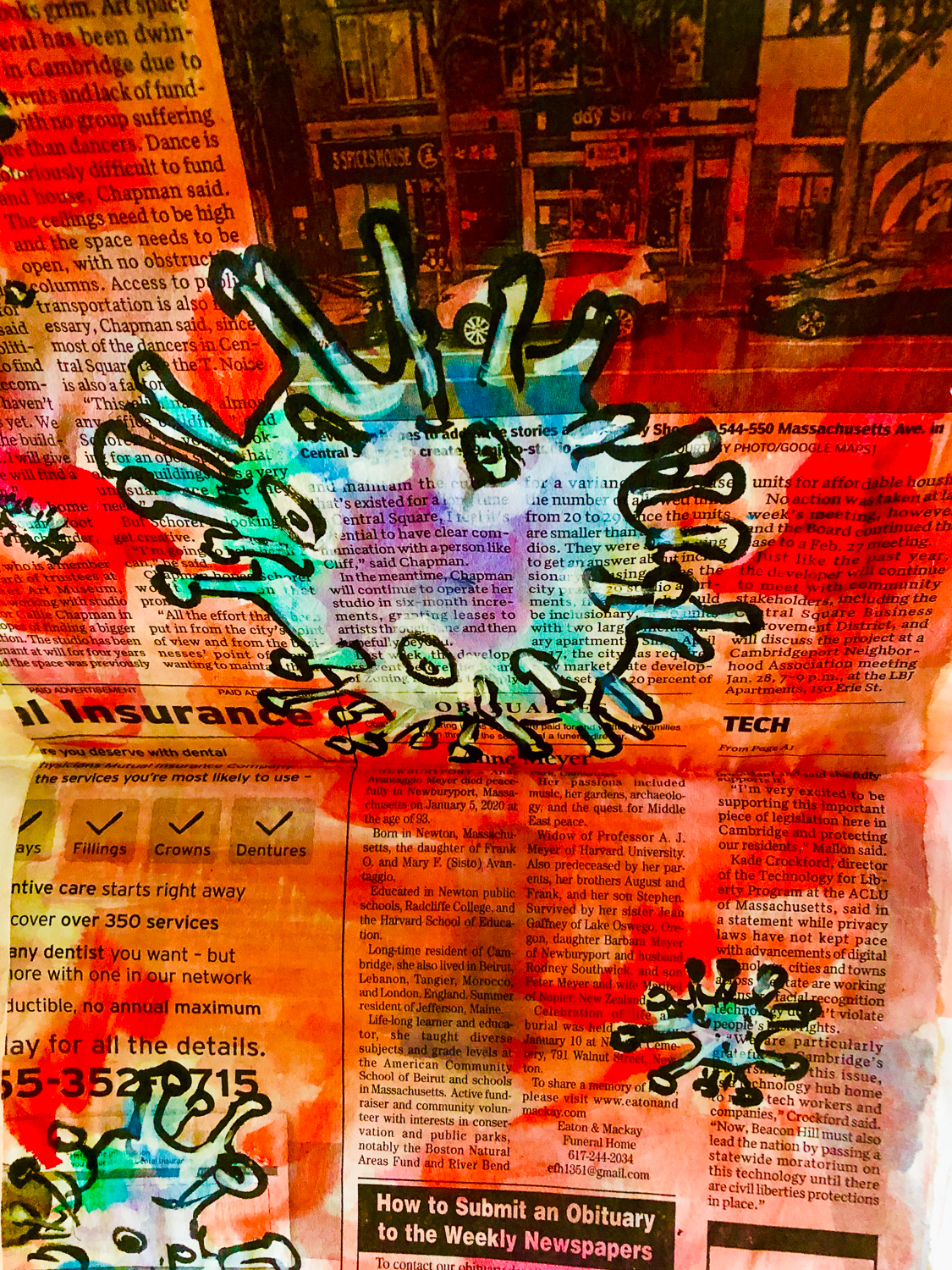 Artwork by Ara Parker of COVID-19 virus cell painted over a red background which is painted over a newspaper article