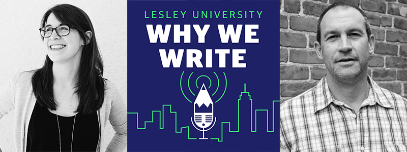Banner featuring black and white pictures of Katie Cotugno and Scott Loring Sanders with a color logo of the Why We Write podcast in the middle