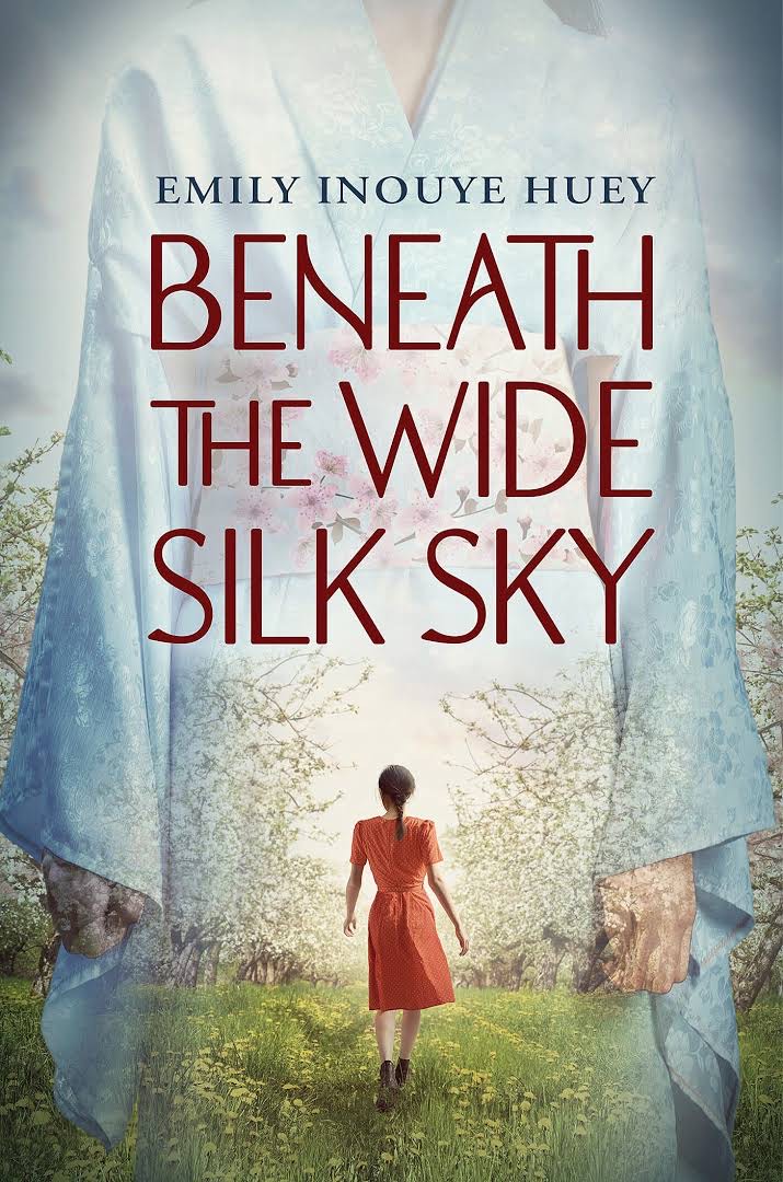 Book cover of Beneath the Wide Silk Sky. Image of a woman walking away imposed over the image of a woman in a kimono.