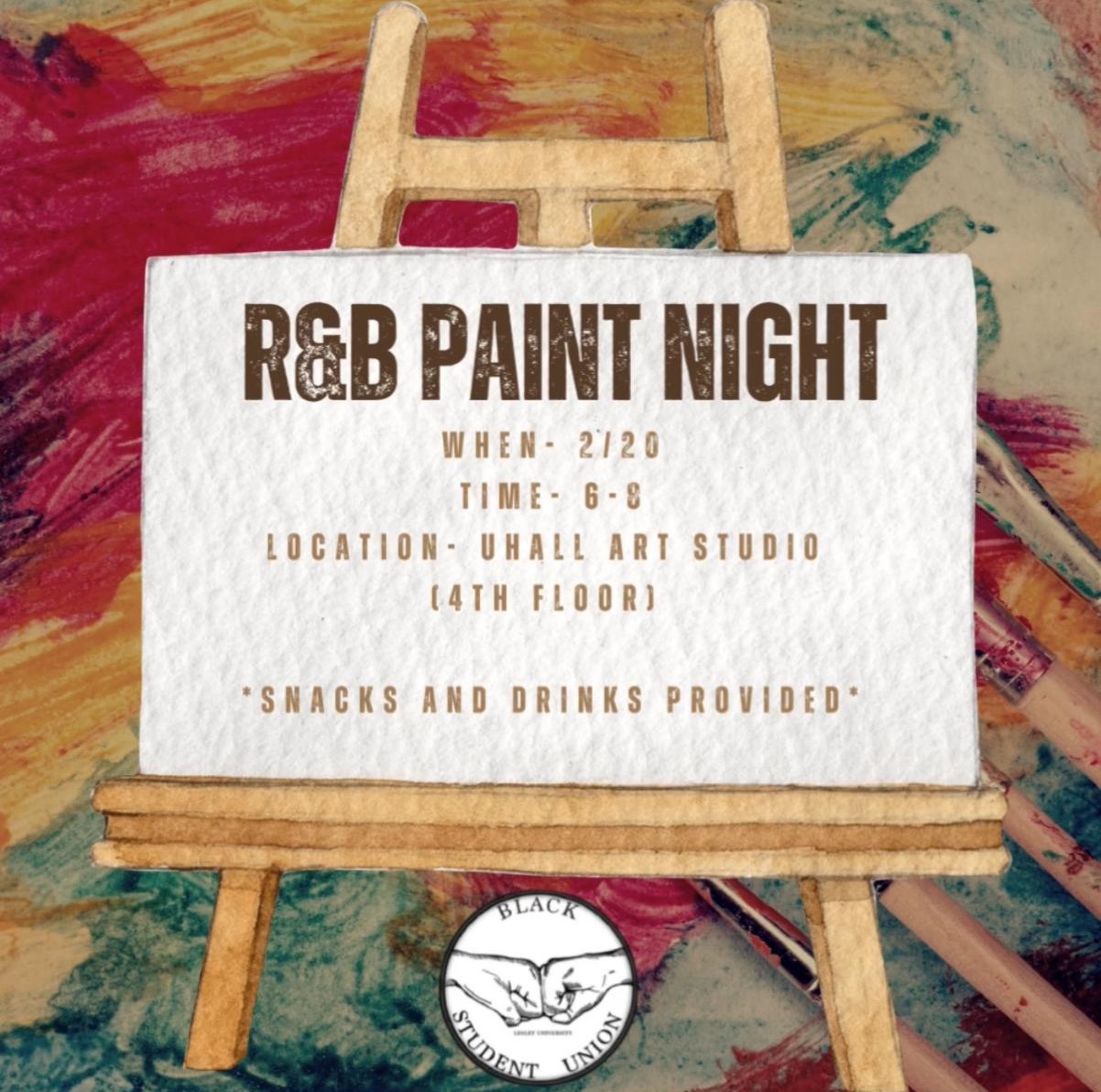 An image of a wooden easel with a sign that reads "R&B Paint Night" with a background of colorful paint splashes.