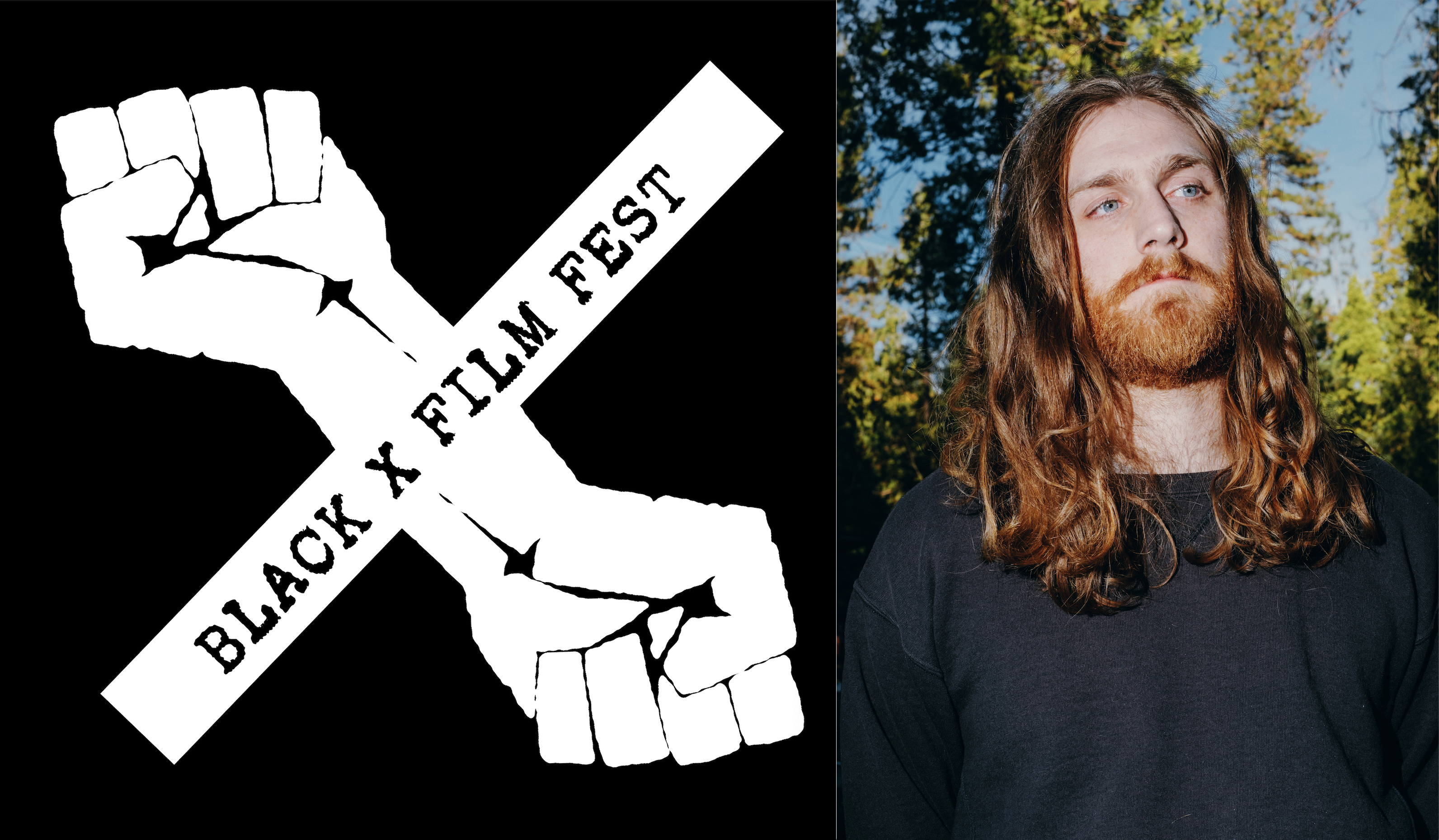 Two images: the logo of the Black X Film Festival which is a cross shape, one line of the cross is two fists. On the right is a photo of Zach Gallagher with long red hair
