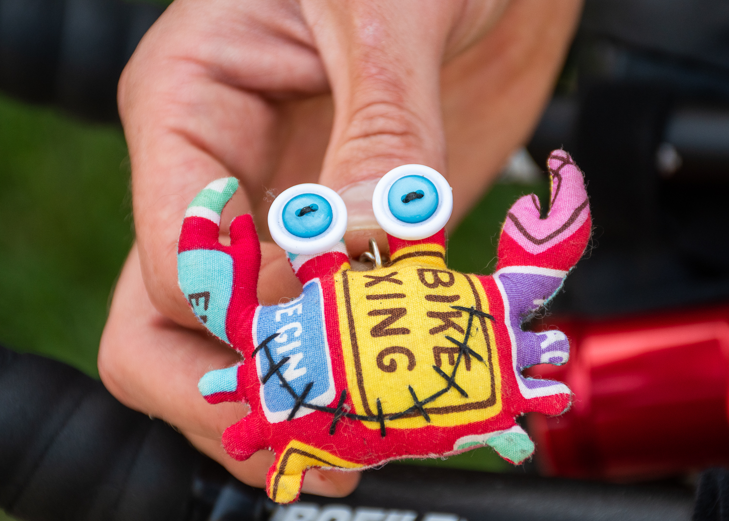 Detail of a colorful stuffed crab key chain.