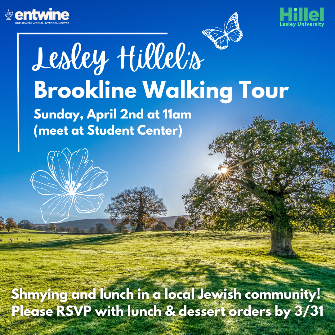 Brookline Walking Tour poster, with a scenic photo of trees in a field under a blue sky. The sun is shining through the leaves of a tree in the foreground.