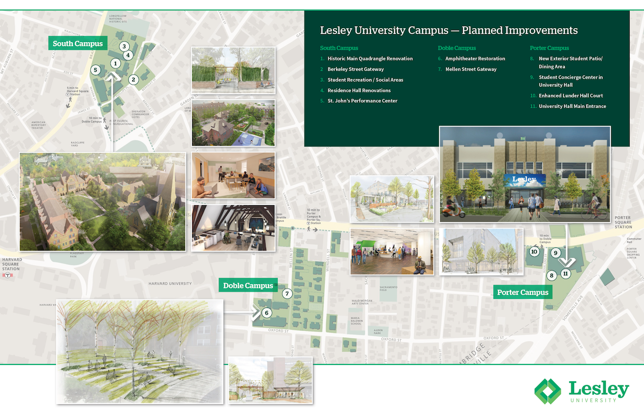 Map of campus that shows the following locations. South Campus: Historic Main Quadrangle Renovation, Berkeley Street Gateway, Student Recreation/Social Areas, Residence Hall Renovations, St John's Performance Center. Doble Campus: Amphitheater Restoration, Mellen Street Gateway. Porter Campus: New Exterior Student Patio/Dining Area, Student Concierge Center in University Hall, Enhanced Lunder Hall Court, University Hall Main Entrance