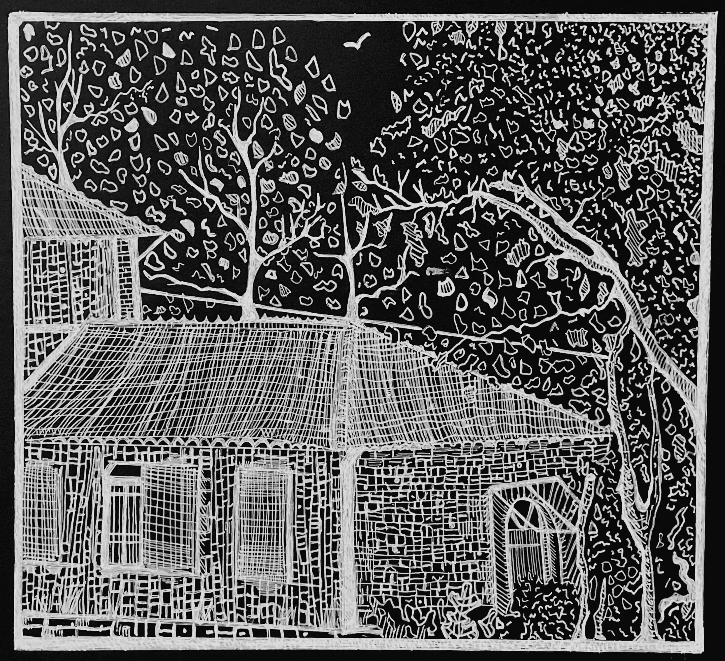 Square drawing using white ink on black paper. Drawing depicts a structure in the lower left corner from the side showing three windows on the left side, with a door on the front. Behind the structure is a taller building. Some trees and abstract foliage shapes fill the background and foreground. 