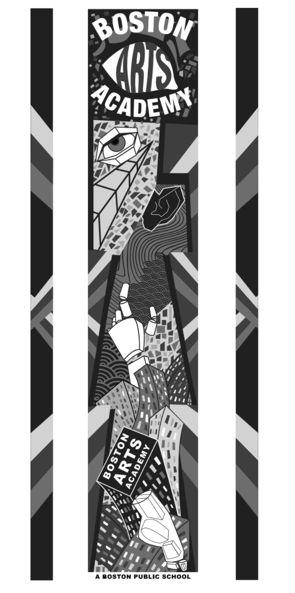 A graphic of Natalia Reyes's design - a black and white image with representations of a city scape, an eye, a robotic hand and Boston Arts Academy with abstract patterns