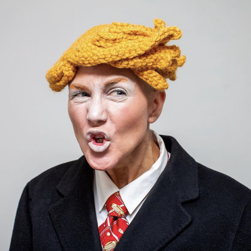 Eileen Powers in a Donald Trump-styled self-portrait wearing a wig knit by fellow MFA alumna Corina S. Alvarezdelugo