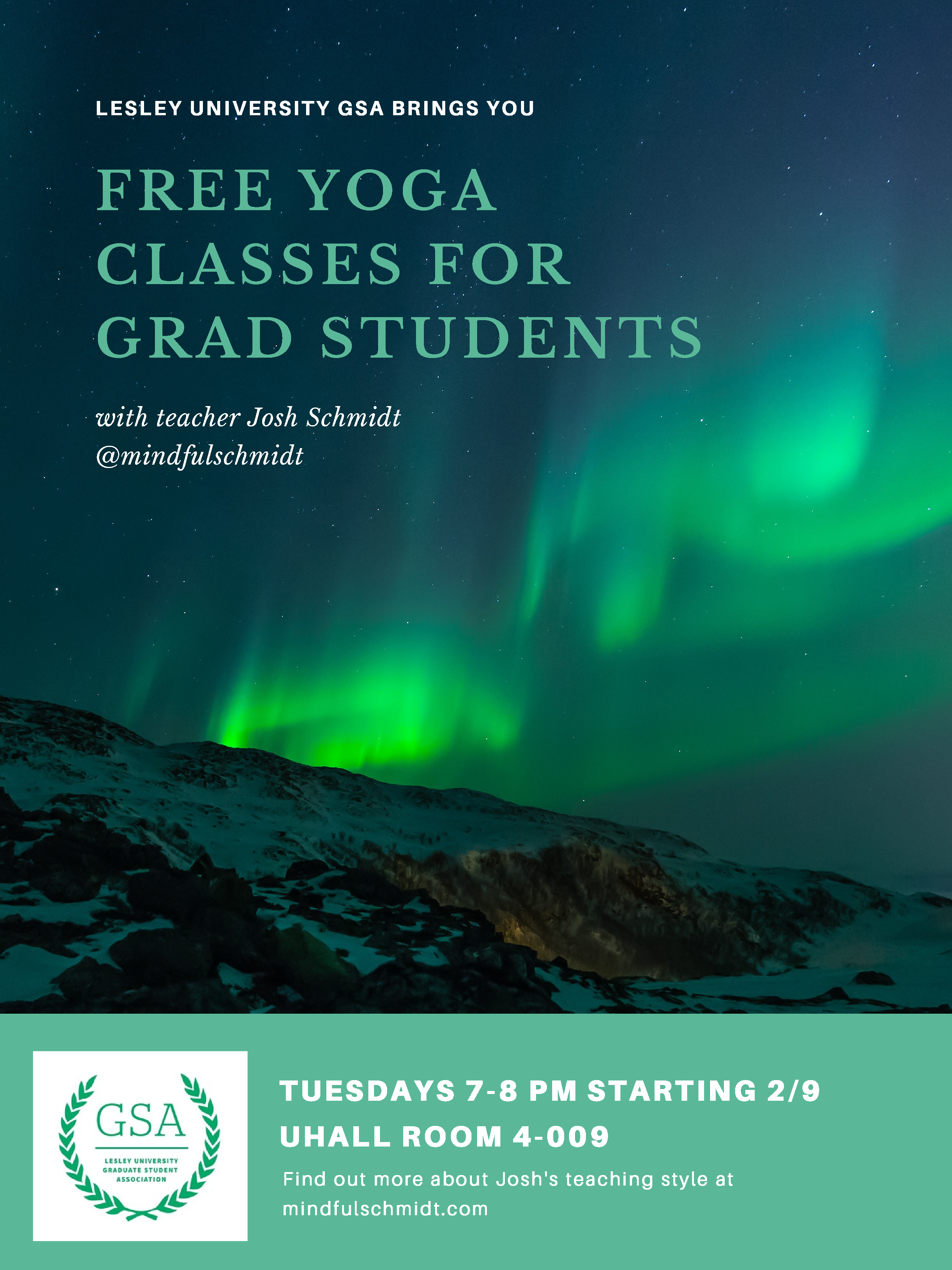 Yoga class poster with image that looks like aurora borealis in the background
