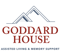 Goddard House Logo, featuring two blue gables reading "Goddard House" in red letters, below it reads "Assisted Living & Memory Support"