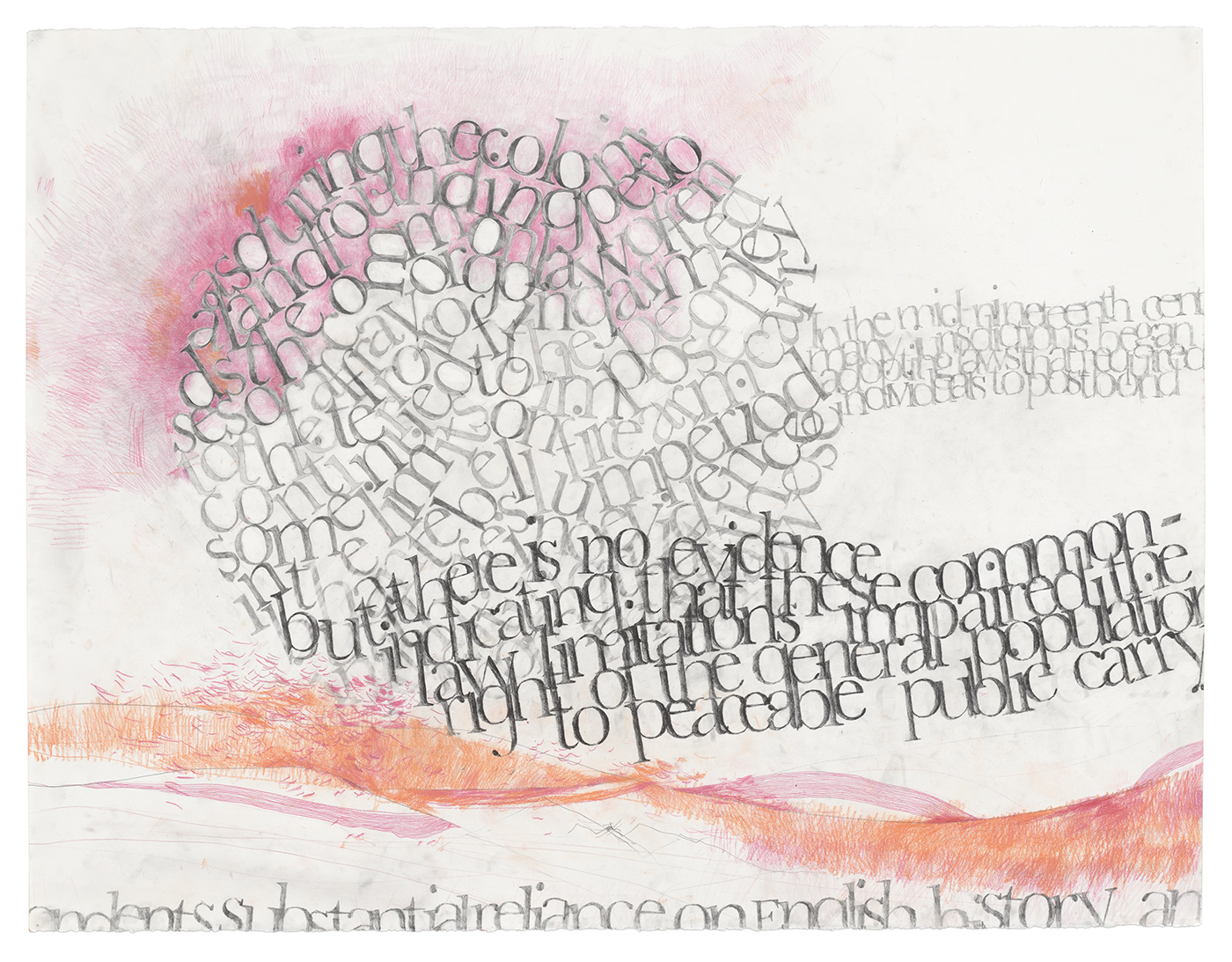 An artwork by Gabriel Sosa with words jumbled in a ball over pink and red splotches on a white background.