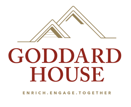 Logo for featuring two gables reading "Goddard House" in red font. In smaller letters beneath reads "Enrich, Engage, Together"