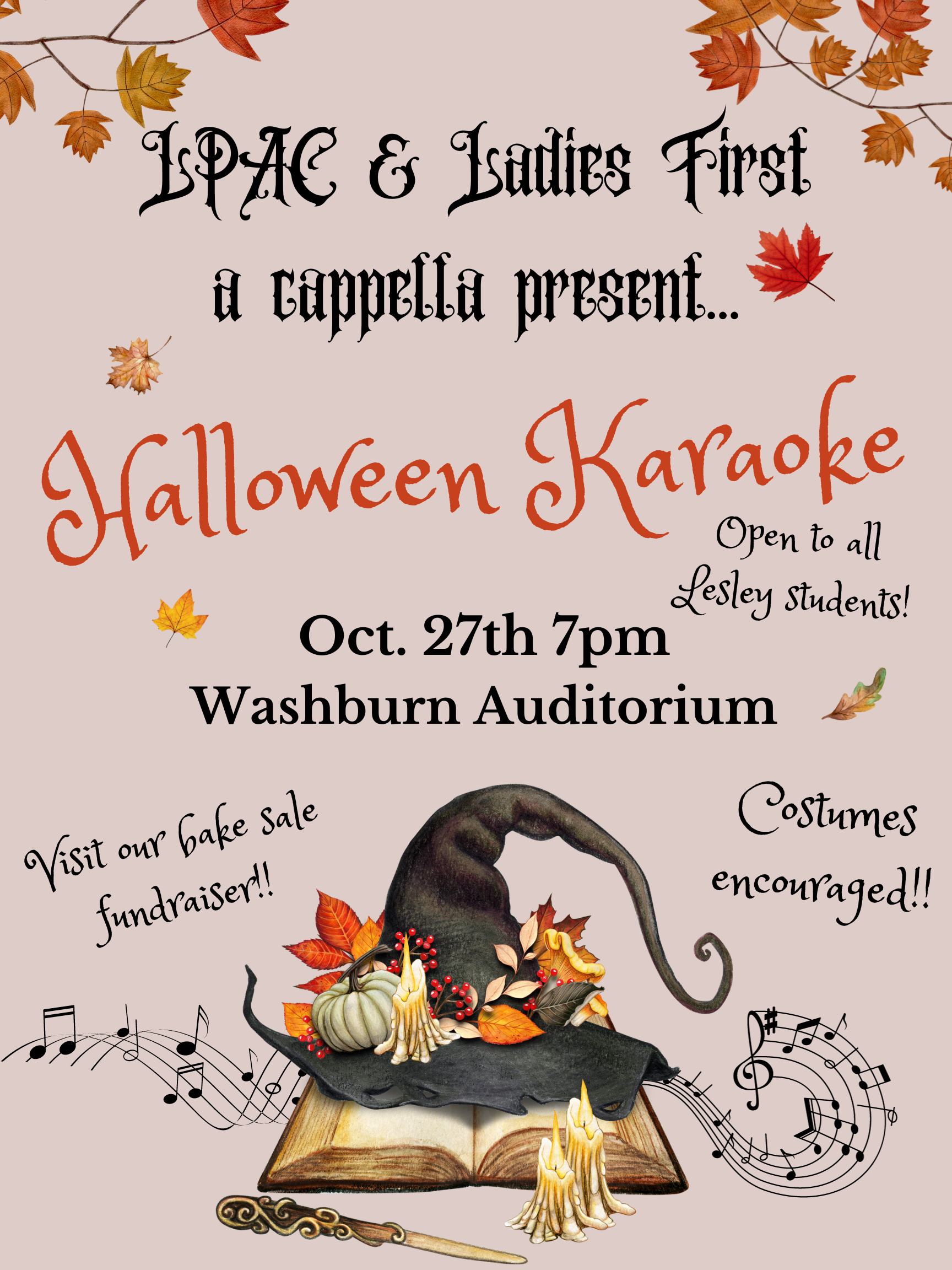 Poster for LPAC and Ladies First Halloween Karaoke with a picture of a witches hat one top of a book with music notes around it. 