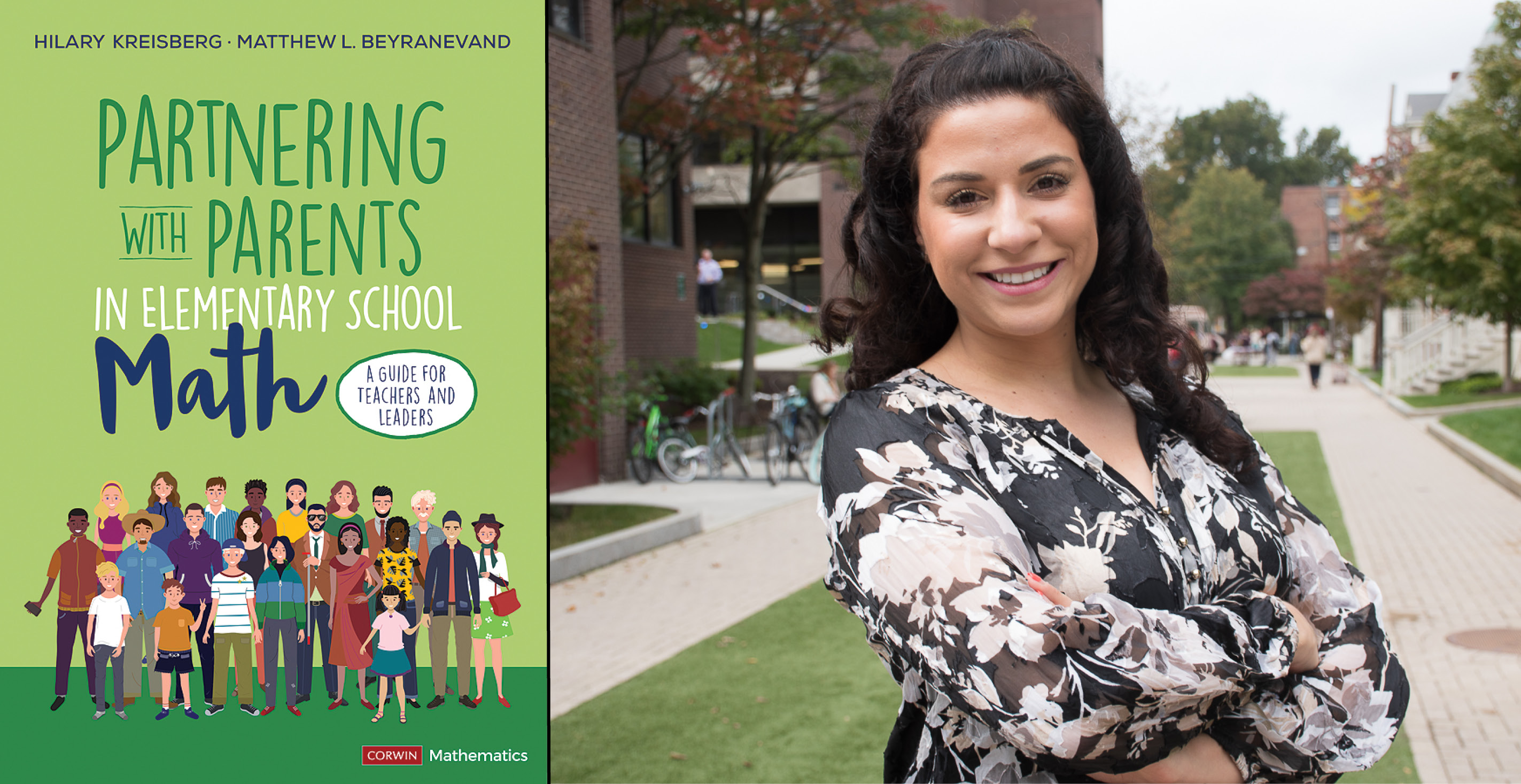 Photo of hilary kreisberg and her new book: "Partnering with Parents in Elementary School Math,” which has an illustrated cover