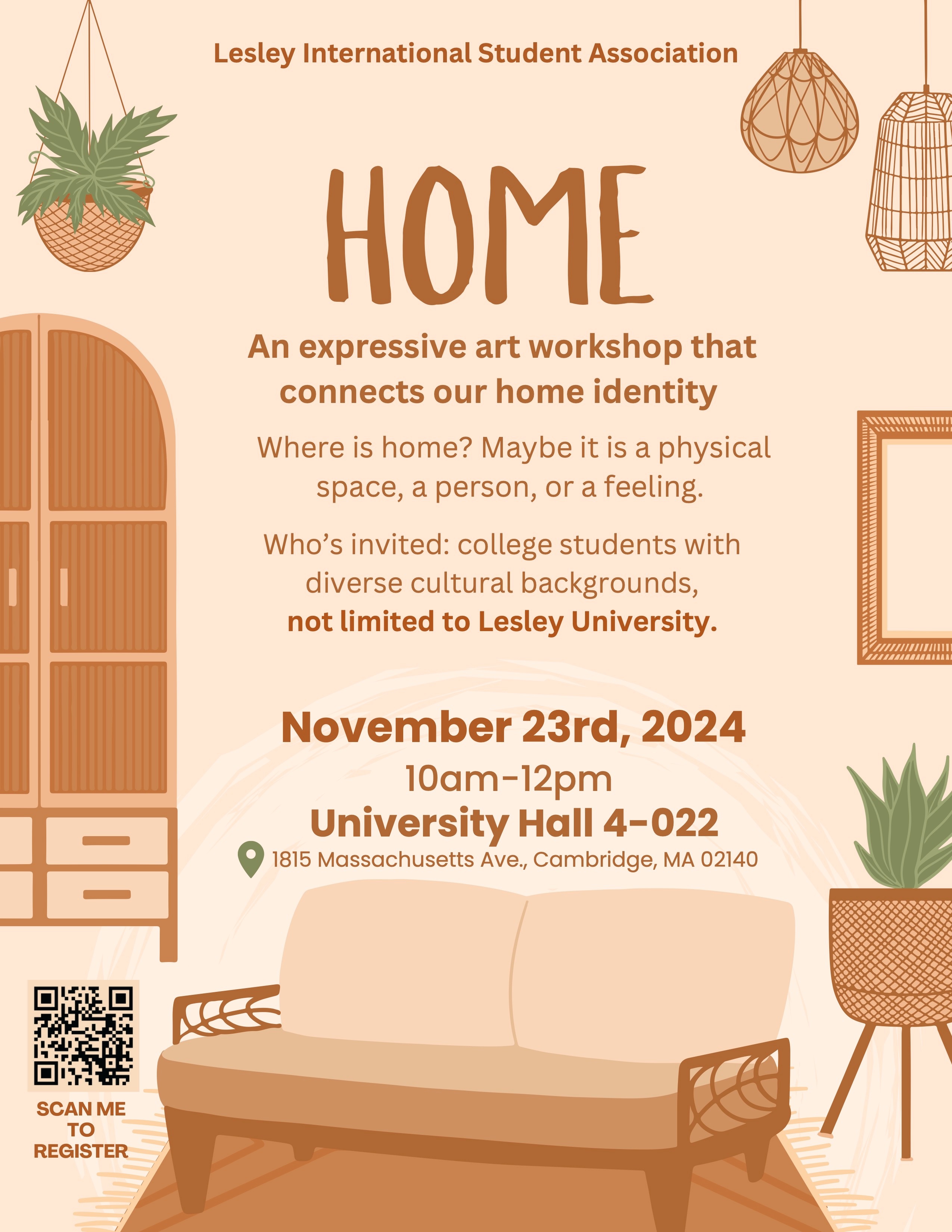 Mauve poster featuring images of a living room; a couch, plant, chest, mirror and hanging plants. Details of event included in darker mauve text.