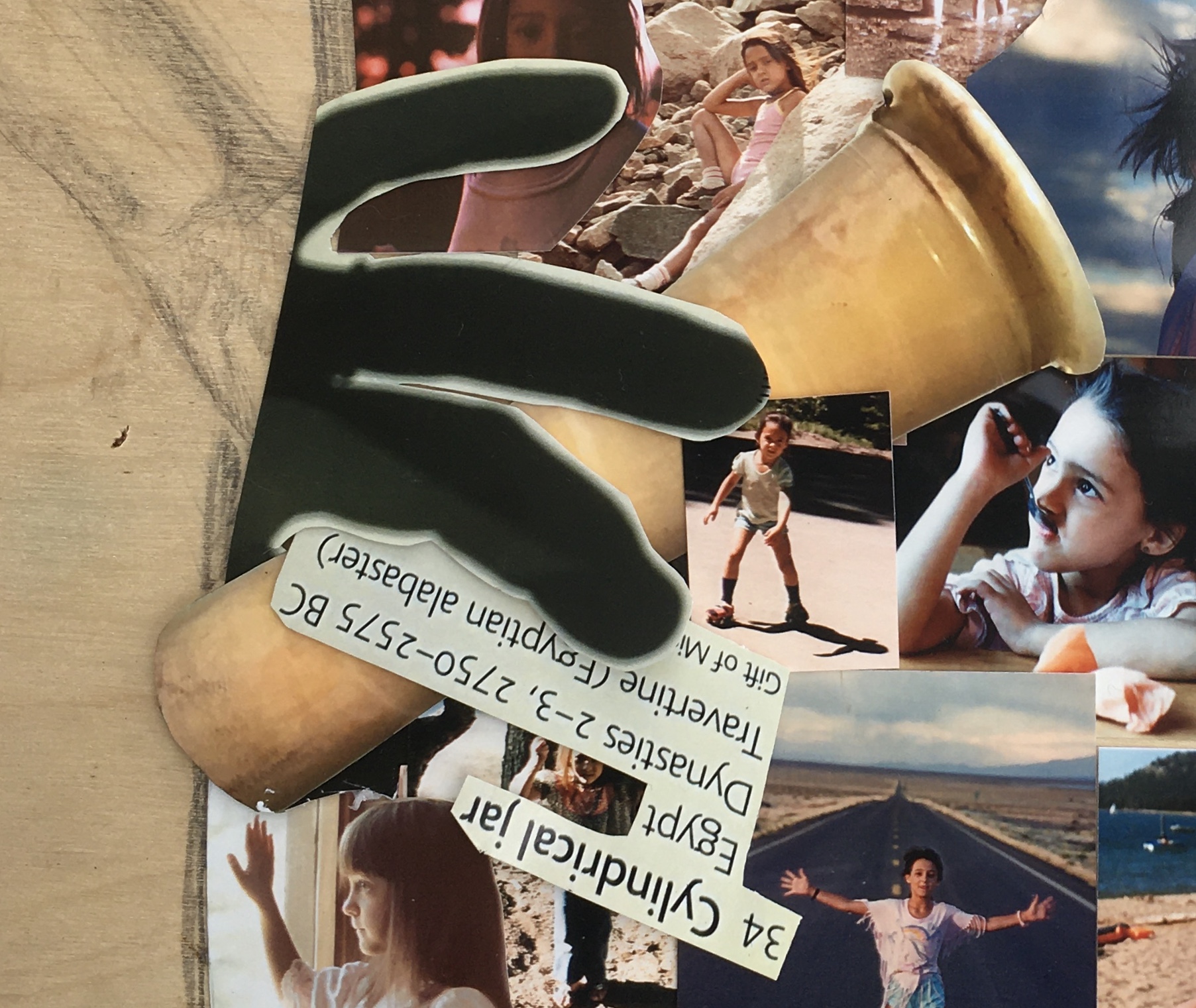 A segment of collage made of childhood photographs show detail from the larger composition of a human figure. The photographs show a shadow of a hand holding an alabaster vase, surrounded by images of an inquisitive, active, contemplative, and inspired child.