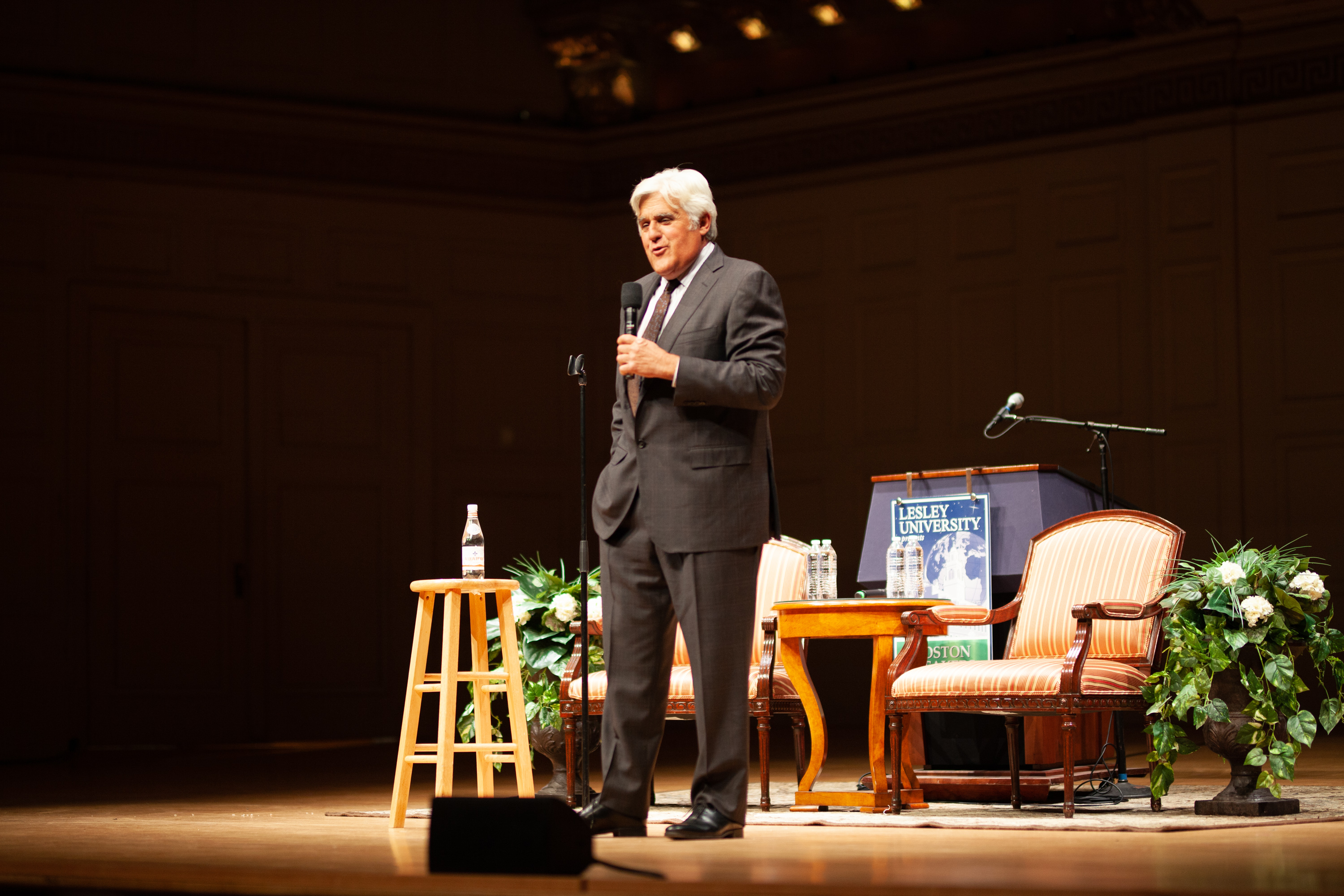 Jay Leno standing on Symphony Hall stage 
